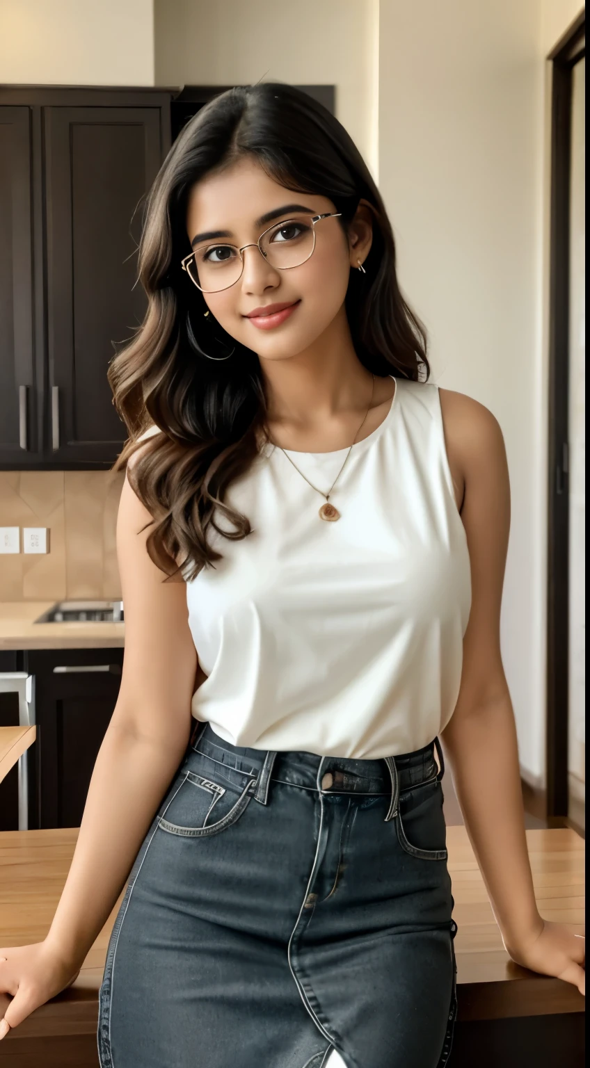 (iu:0.8),cleavage, RAW, Best quality, high resolution, Masterpiece: 1.3, Beautiful glasses kerala girl wearing black tshirt and white jeans, Masterpiece, Soft smile, having breakfast at home, beautiful breakfast spread, in sleeveless printed top & skirt,