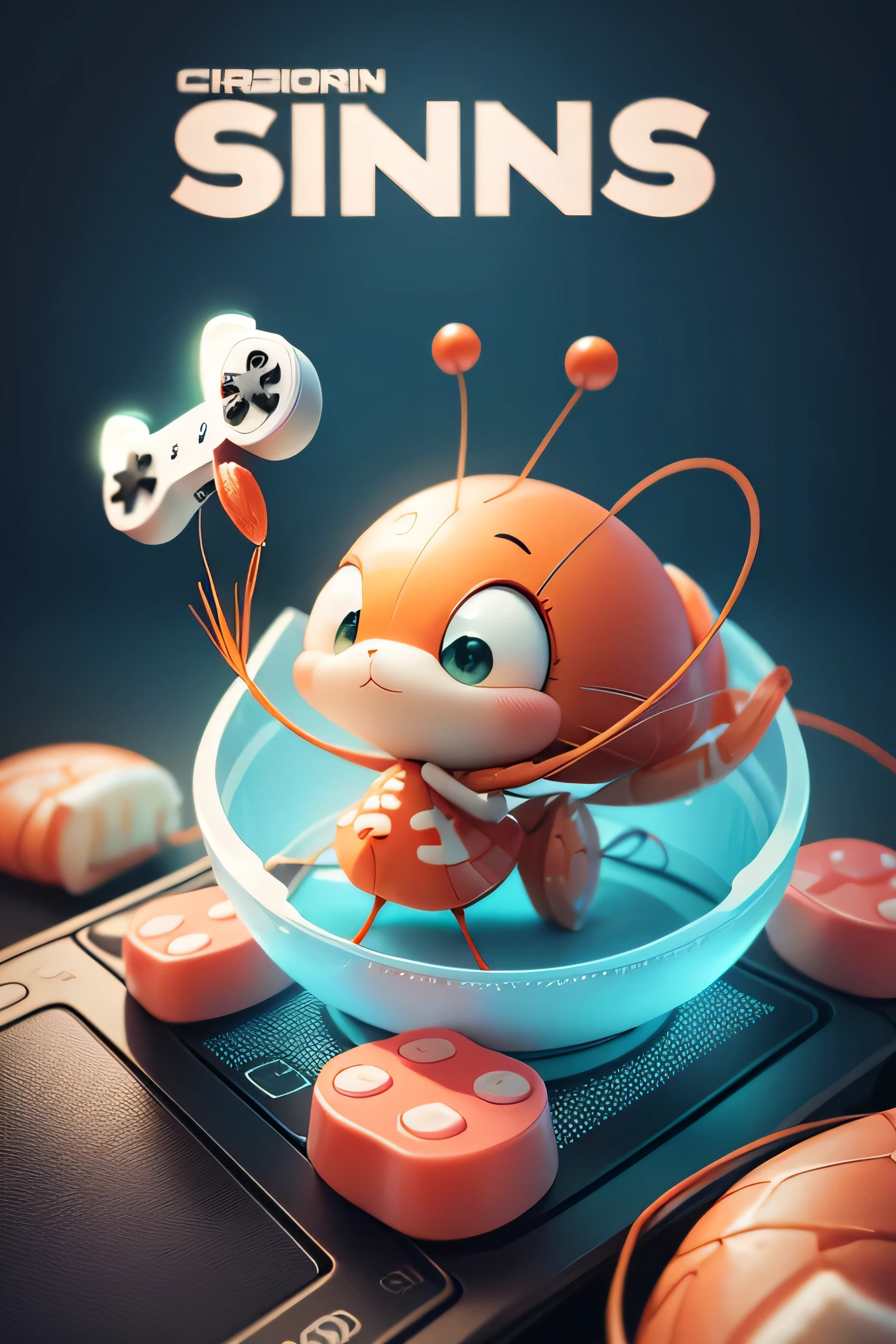 cartoon shrimp holding a controller