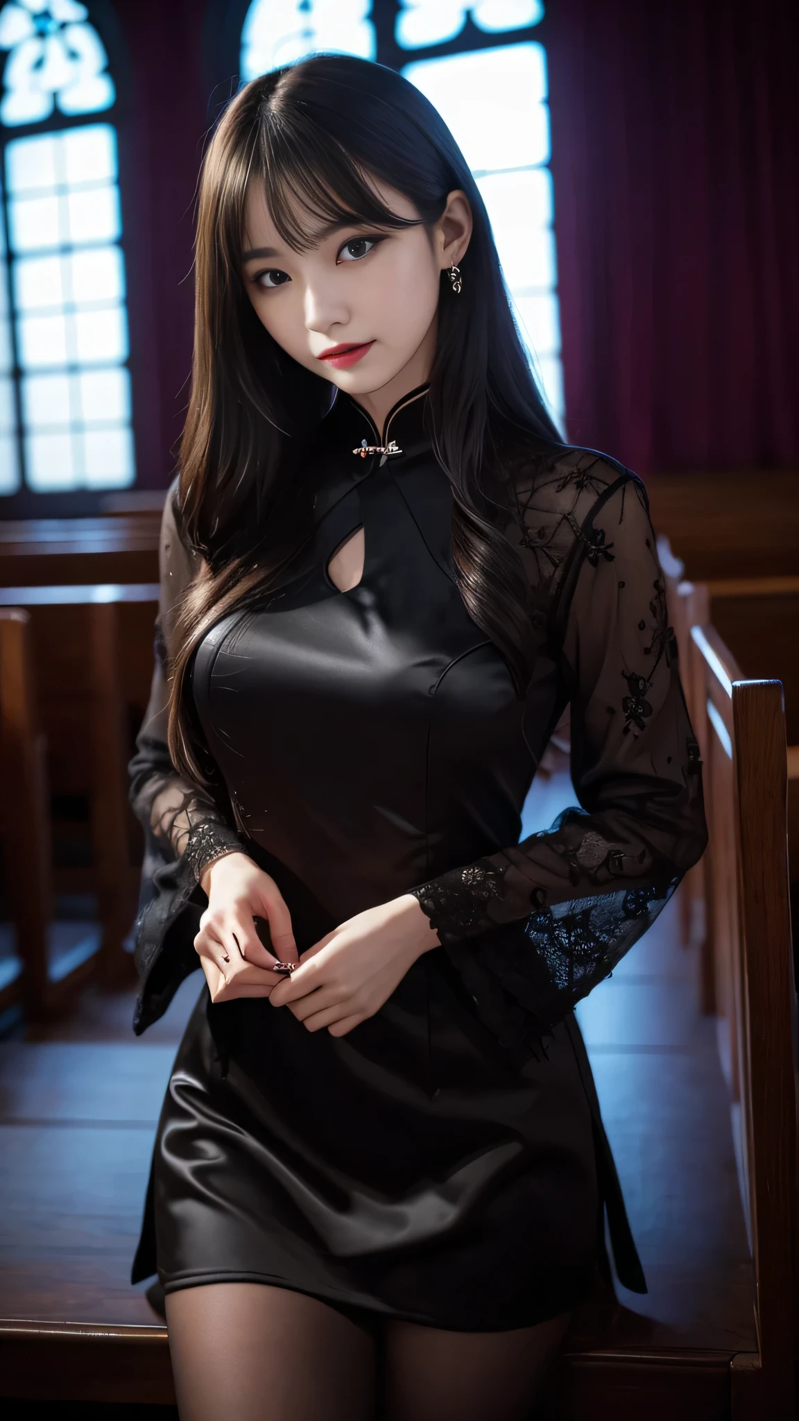 Super detailed、Japanese、charming beauty、seductive adult woman、Beautiful woman、sharp eyes、cool girl、wavy hair、long black cheongsam、wide sleeve、evilの幹部、evil depravity、brainwashing、Mind control、apply lipstick、grin、evilな表情、evil、empty eyes、evil、church at night、vampire、vampire、Hypnosis、puppet