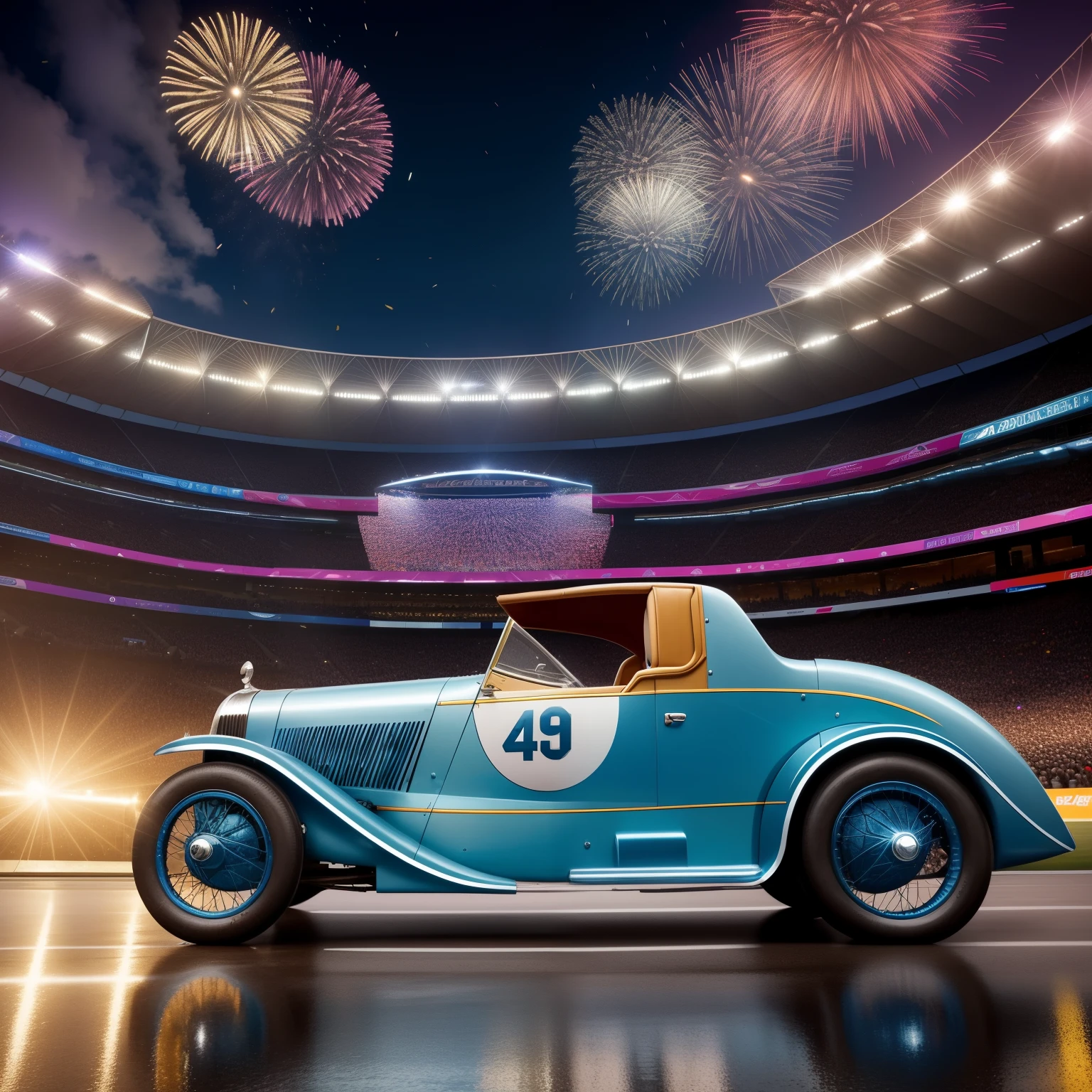 A photorealistic image of an exhilarating launch event for the new Delage D12 car taking place inside the grand Lusail Football Stadium in Qatar. The bustling scene is adorned with an enthralled crowd, with Lionel Messi commanding the spotlight on stage next to the gleaming, silver Delage D12. The stage is bathed in radiant spotlights, casting a vibrant and captivating glow upon the car. Delighted spectators raise their hands in jubilation, their faces illuminated with excitement. Above the crowd, confetti flares burst forth in a mesmerizing rain, adding to the sense of celebration. Each individual's express