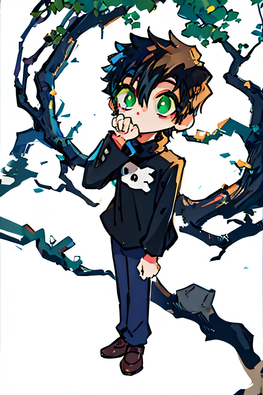 
1boy, black hair , black shirt , green eyes , , hand on face  , open hand , bored , , white background , , chibi , and Shahishmaqkh