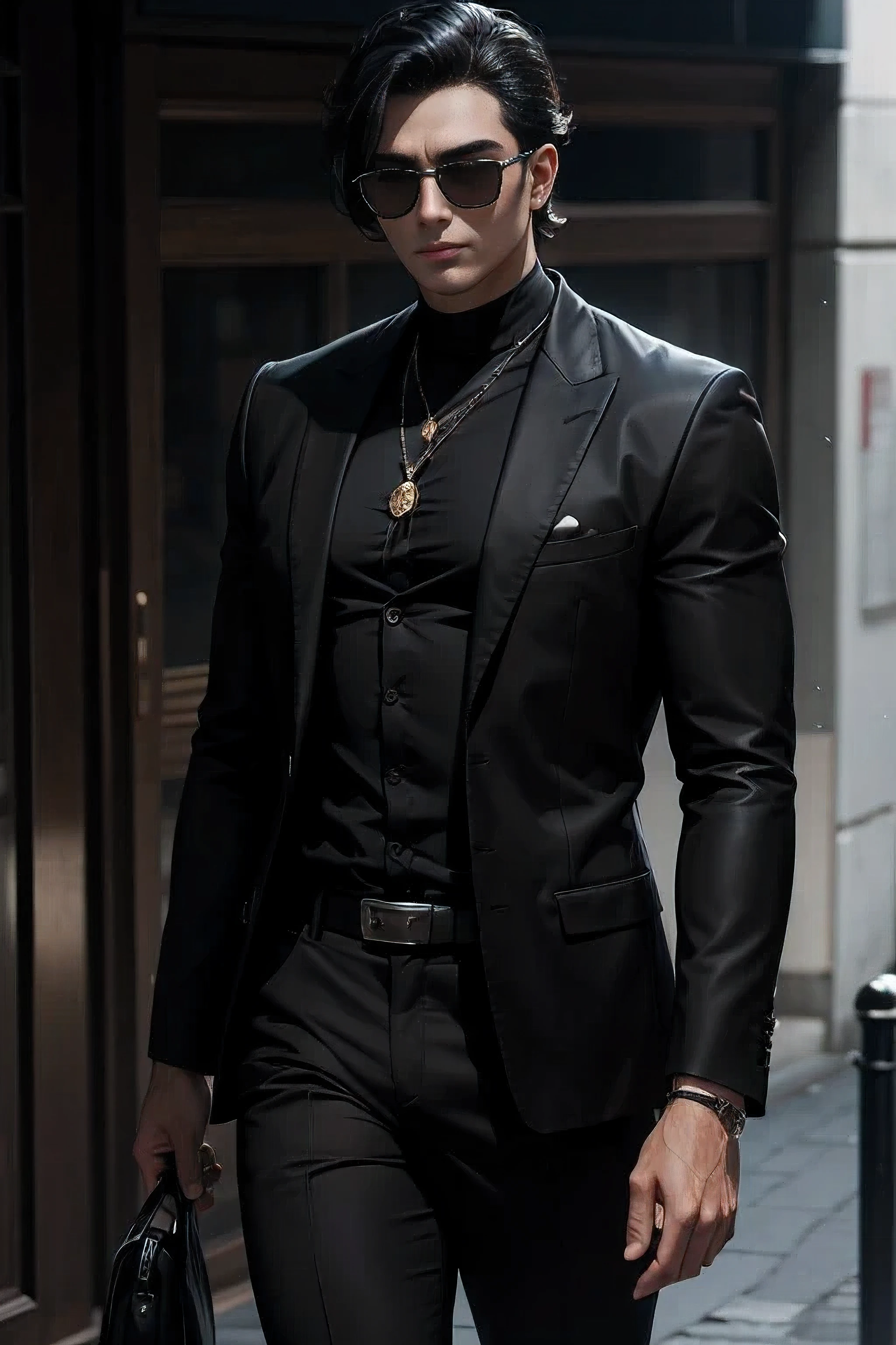 man with black hair , wearing dark brown and black outfit , with black sun glasses , 8k, in rich people look