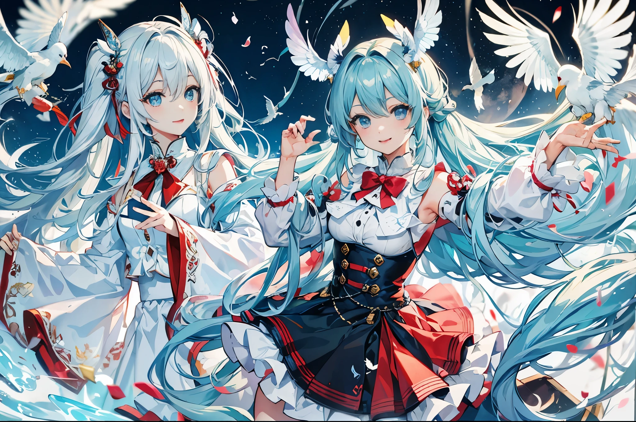 light blue long hair、Beautiful girl with twin tails、adorable smile、black eye、red and white tuxedo、playing cards、white dove flies out