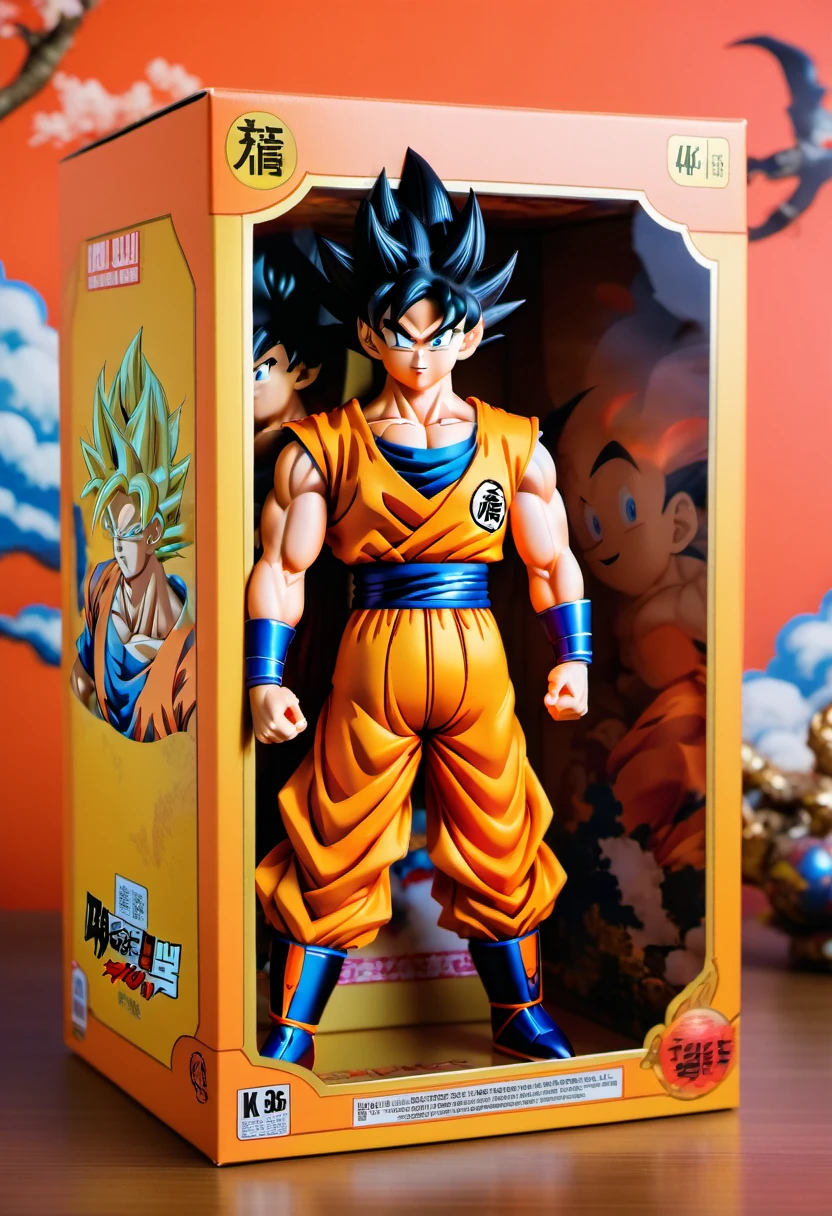 (best quality,4k,8k,highres,masterpiece:1.2),ultra-detailed, goku doll inside a box, product for sale, dragon ball, in a toy store,