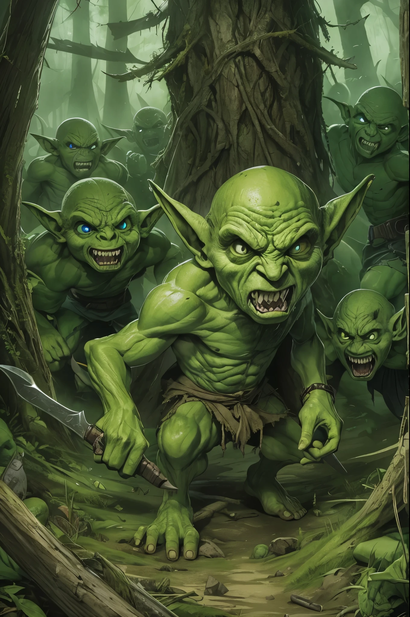 (master piece), 8k, best quality, panoramic view, Goblins, green, black and malicious eyes, evil, huge pointed ears, sharp teeth, bald, thin, 1 meter, 120 centimeters tall, dirty torn cloth clothing, fighting with goblins, in forest,