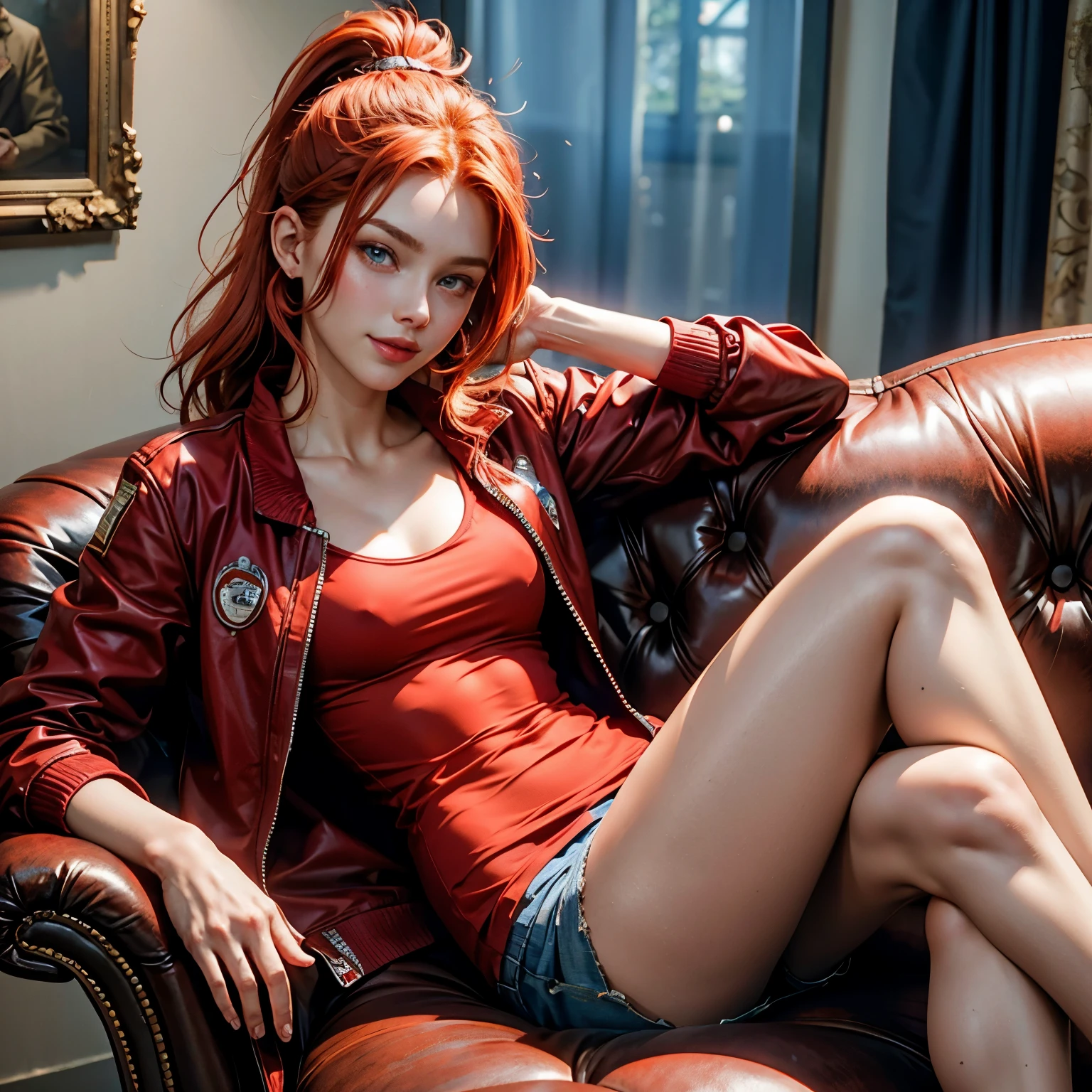 redhead, blue eyes, red shorts, red t-shirt, handsome, ponytail, 21 years old, so handsome, legs crossed, sitting on armchair, girl, smile, jacket, beauty, face, cute, beauty hair