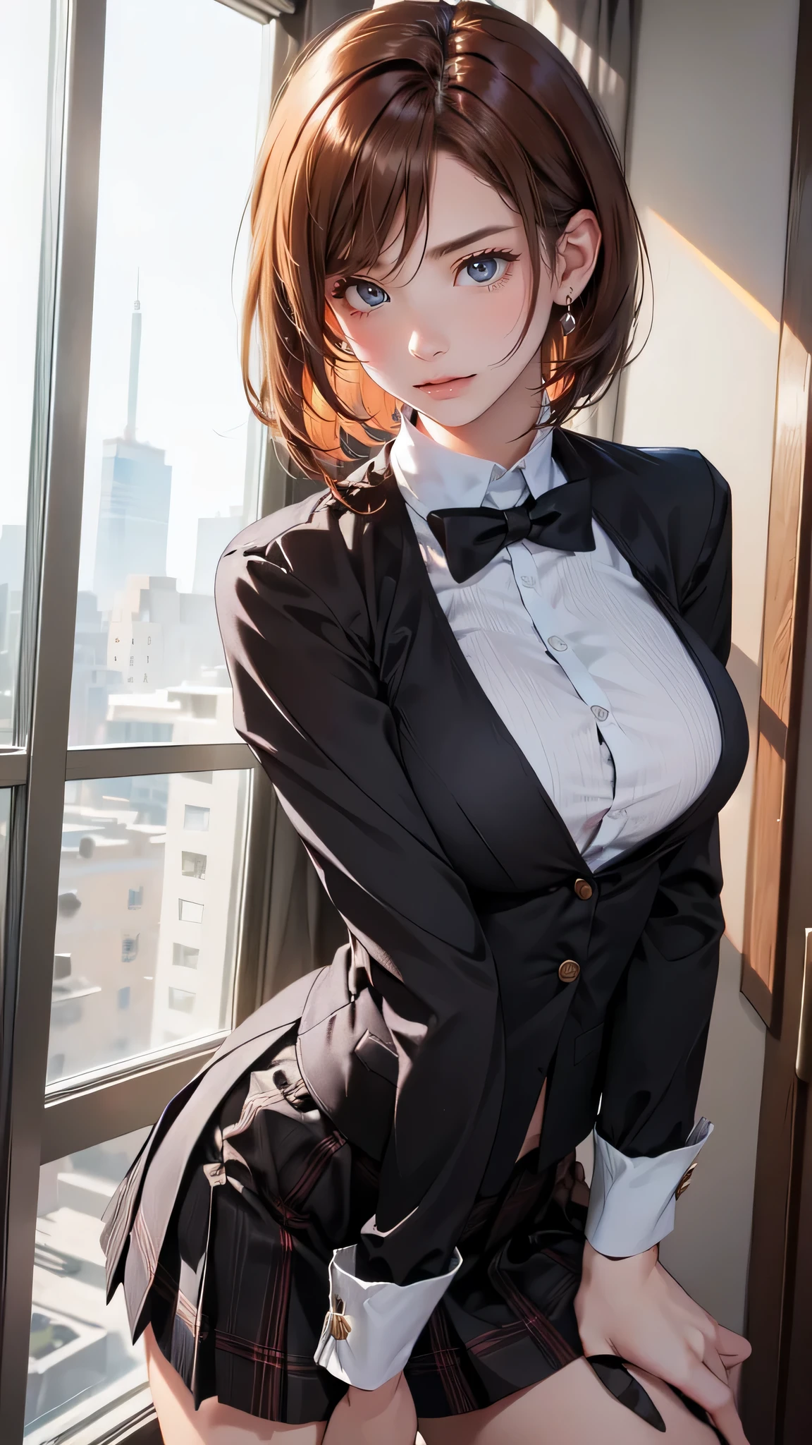 random pose,from below,(movie-like scene,fantasy art,best image quality,hyperrealistic portrait,(8k),Super realistic,最high quality,high quality,High resolution,high qualityな質感,high detail,beautiful,Detailed,Highly detailed CG,detailed texture,realistic facial expression,masterpiece,before,dynamic,bold),highly detailed skin,(curve,),beautiful胸,(big breasts:1.2),white skin,pointed chest,erect nipples,short hair,(super thin hair),(super soft hair),(ultra straight hair),long flowing bangs,very light coppery amber hair,hair above one eye,(dressed:1.5),school uniform