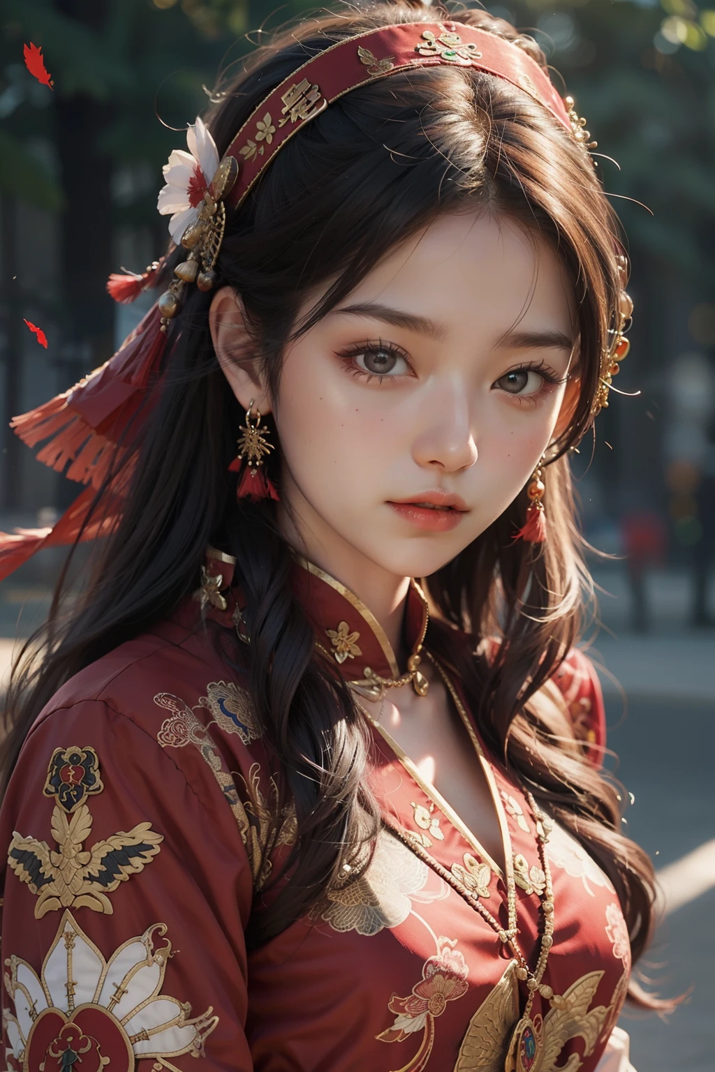 1 Beautiful girl, 20 years old, wearing a red Chinese warrior outfit with a fantasy pattern. , best quality , is realistic In the picture there is a red feather falling,HD8k
