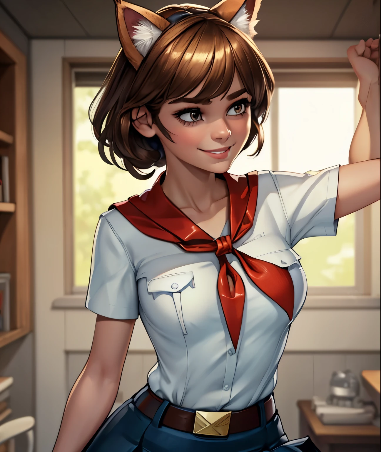 detailed eyes, full height, masterpiece, (((skinny body))), (looking at viewer, 8k vector photography, very young girl, beautiful brown eyes, realistic lighting, detailed outfit, realistic facial features, hyper detail, ((perfect angle, perfect pose)), ((very long brown disheveled hair)), a strand between eyes, flat chest, pioneer neckerchief, pioneer movement soviet pioneer, micro blue skirt, bangs, shirt, school uniform, collarbone, very toght white shirt, short sleeves, collared shirt, belt, neckerchief, eyelashes, red neckerchief, pocket, breast pocket, parororo, smiling, band on head with fake cat ears 