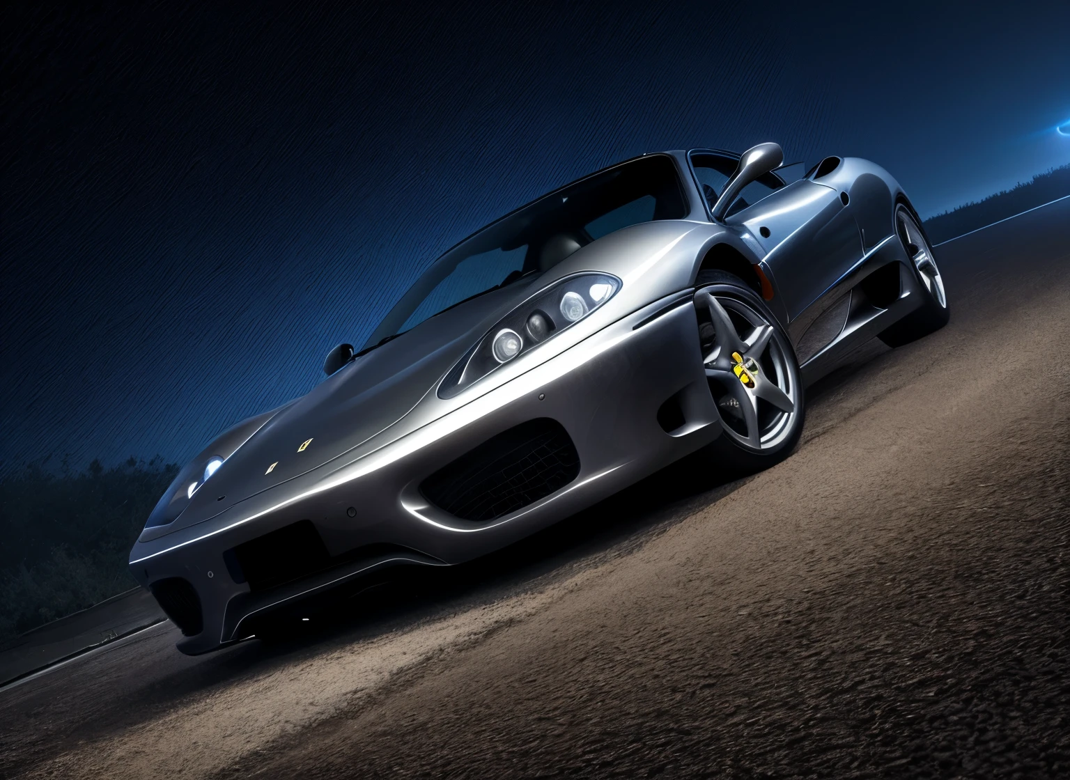 Ferrari 360 modena color black and orange in a modern mansions driveway at night while its raining