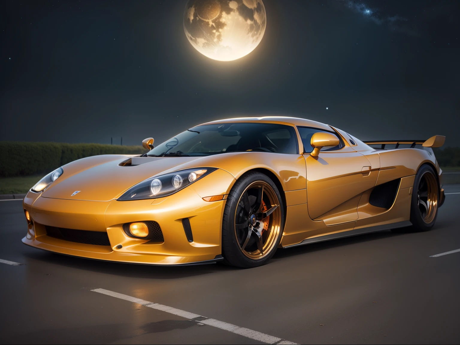 imagens altamente detalhadas, fotorrealista, cinematographic, summer night, summer season, yellow-orange planet Venus in the night sky, bright cream-orange glow of the planet in the night sky, brightness of the yellow-orange planet Venus illuminates the street with koenigsegg ccx , the car is standing near a country house, the car is in front of the gates of a country house