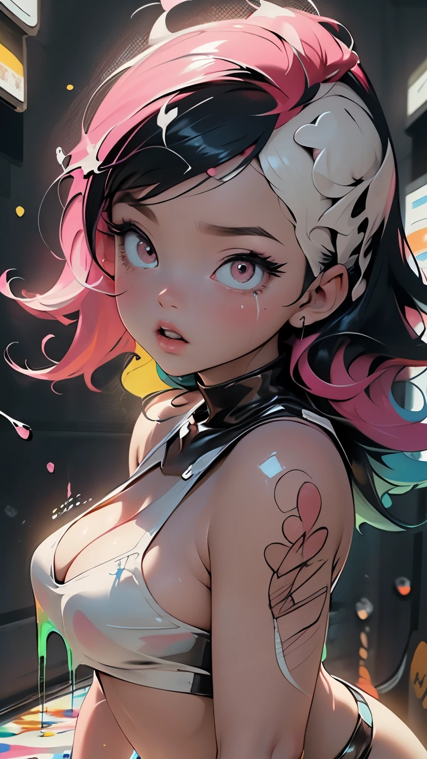 Accentuated super huge enormously gigantic tits, cleavage showing, flat stomach, curvy thick body, small stature, baby face,lustrous skin, bright skin,shiny skin,purple eyes,vibrant colors,rich colors,(((liquid neon pink paint hair, sexy seductive slutty pose:1.1))) ,((made of paint and defies gravity,thick flowing),(paint splatter:1.3), (shiny hair: 1.3),