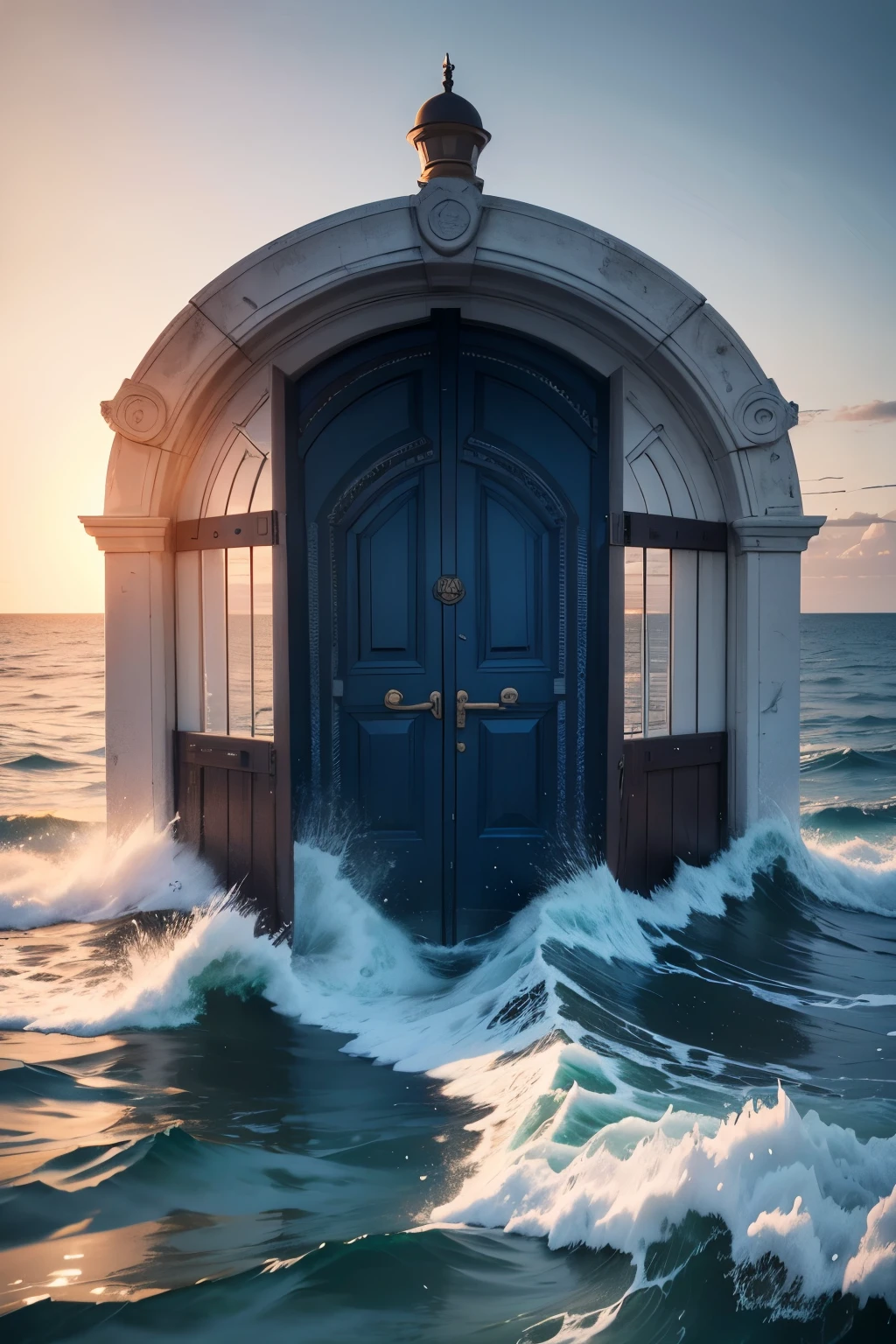 porta in the middle of the sea,beautiful detailed sea,portrait,highres,ultra-detailed,natural lighting,ocean landscape,seagulls flying,subtle colors,serene atmosphere,waves crashing,ethereal ambiance