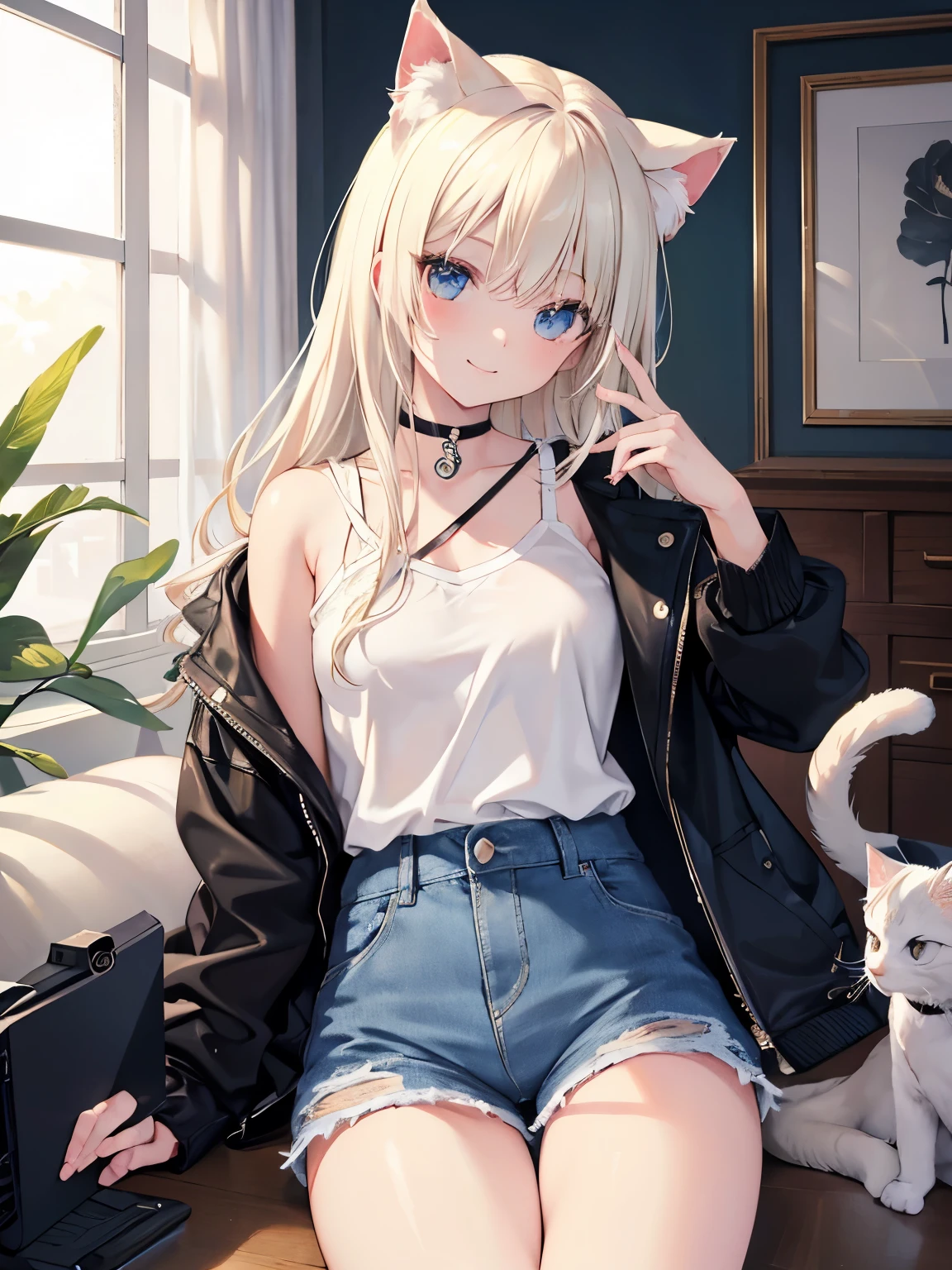 masterpiece, {{{{Highest quality}}}}, beautiful,1 girl, platinum_blonde_hair, cat ears(platinum blonde), cat tail(platinum blonde), denim
short shorts, denim shorts, denim shortpants, denim, {{black pantyhose}}, denim shortpants, jacket, a choker{{{seductive smile}}}, selfee、self-taken picture、taking a picture of oneself, self_shot,