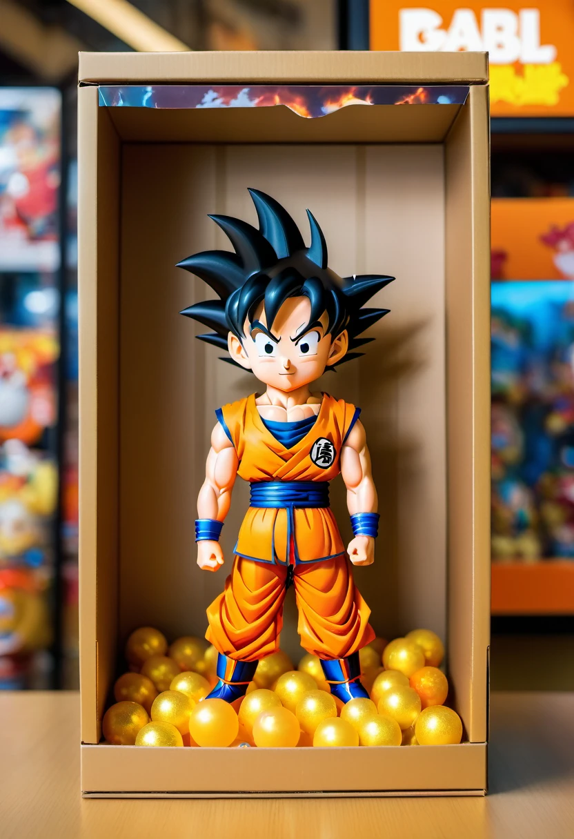 (best quality,4k,8k,highres,masterpiece:1.2),ultra-detailed, goku doll inside a box, product for sale, dragon ball, in the window of a toy store,
