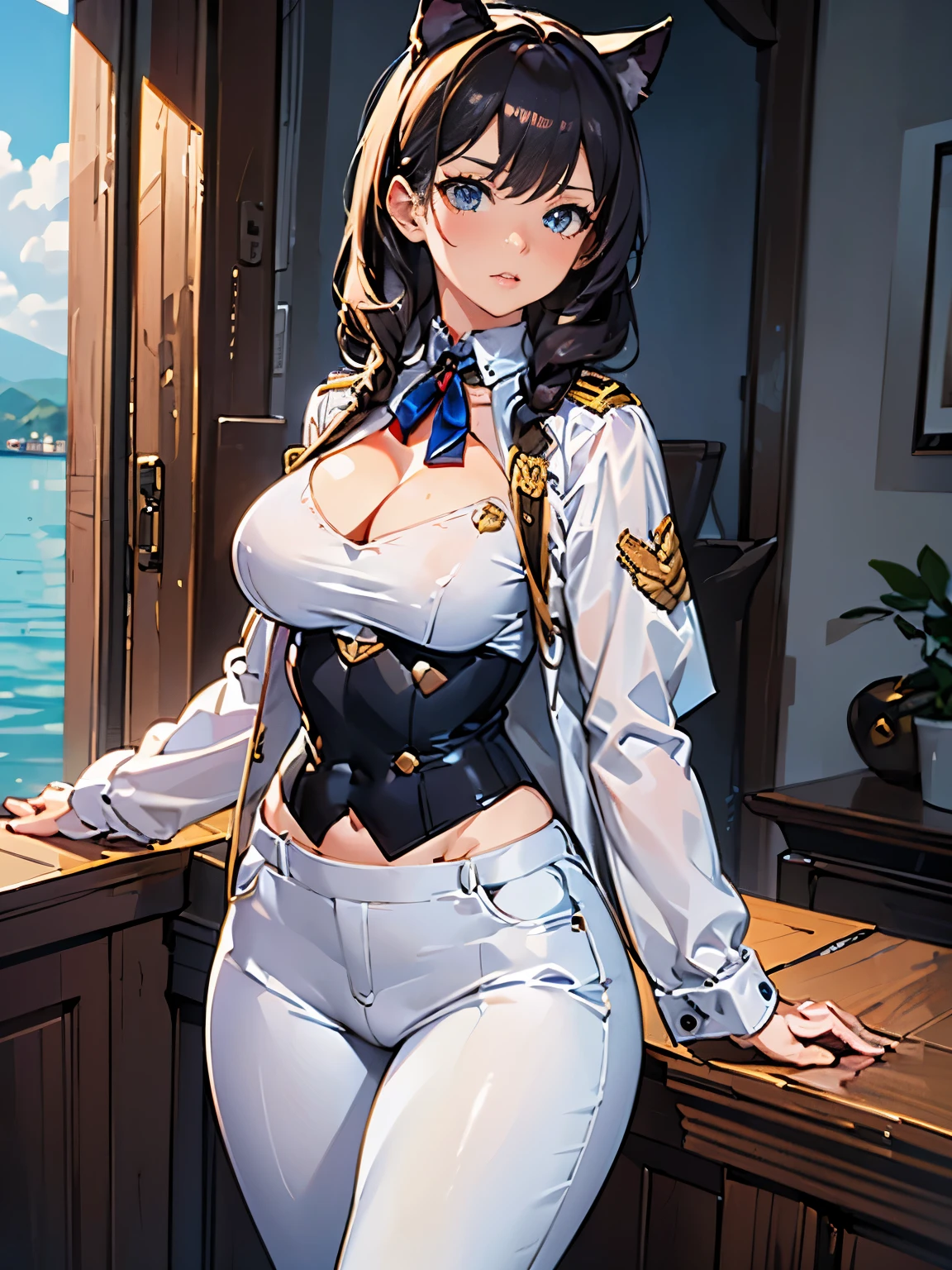 (masterpiece, best quality, RAW photo, intricate details) portrait, head and shoulders, 1girl / Atago / medium dark hair, blues eyes, cat ears, large breasts, cleavage, curvaceous body, (wearing admirals uniform, wearing white trousers), seaport background, blue sky, Azur lane, catgirl, admiralty, medals, academy, military, marine