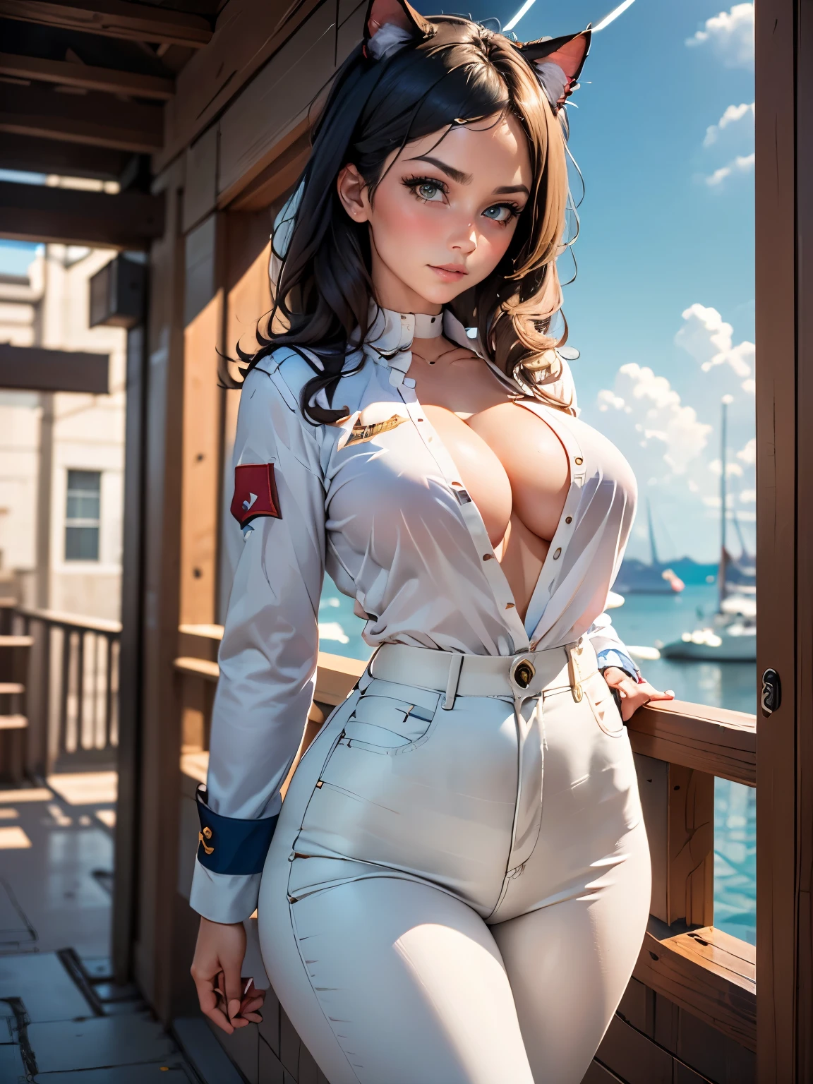 (masterpiece, best quality, RAW photo, intricate details) portrait, head and shoulders, 1girl / Atago / medium dark hair, blues eyes, cat ears, large breasts, curvaceous body, (wearing admirals uniform, wearing white trousers), seaport background, blue sky, Azur lane, catgirl, admiralty, medals, academy, military, marine