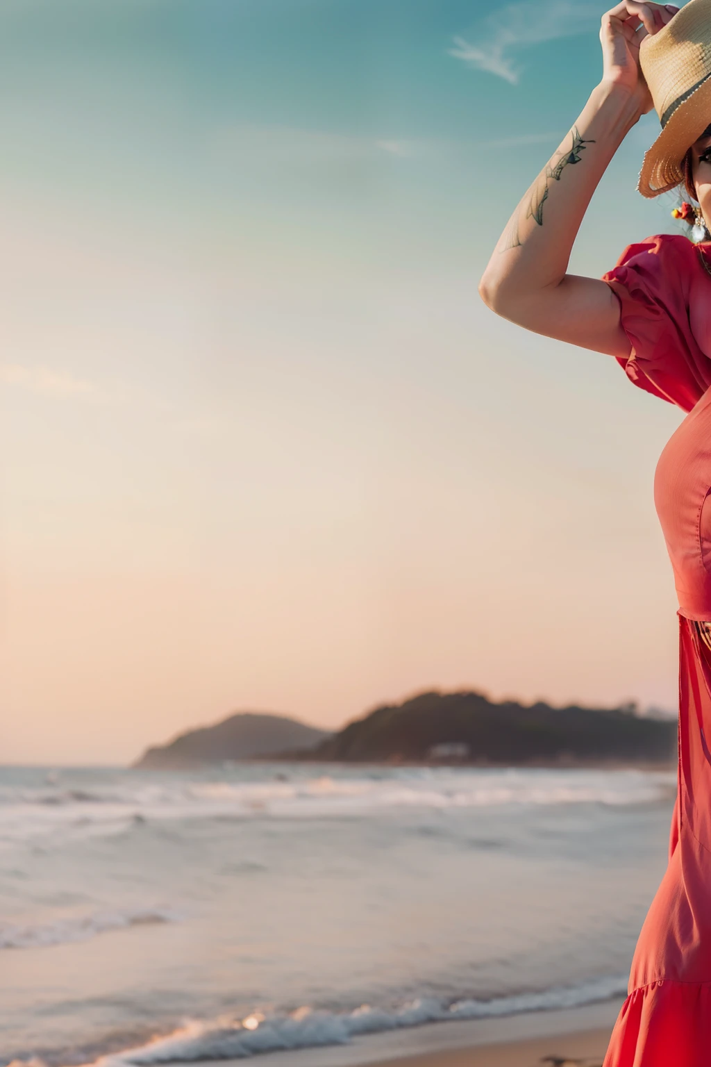 araffe woman in a vestido rosa and hat standing on a beach, dressed in a vestido rosa, wearing a vestido rosa, with hat de palha, Red dress and hat, vestido rosa, hora de ouro rosa, fotografia de modelagem, with hat, tons rosa, wearing a flowing dress, flowing dress, woman with hat, mulher de vestido, garota usa um vestido vermelho