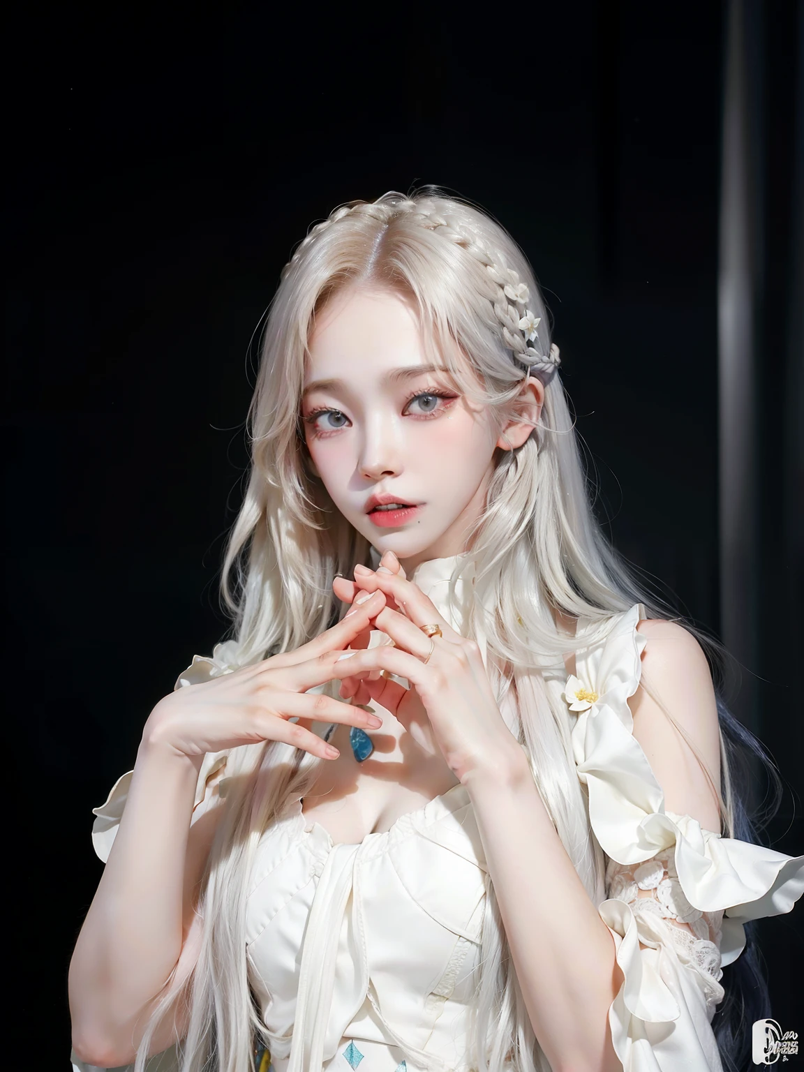 Mujer rubia con pelo largo y un vestido blanco posando para una foto., kim doyoung, jinyoung shin, retrato de jossi de blackpink, jaeyeon nam, sun yunjoo, kim taejin, pale, shiny skin, ulzzang, con pelo largo y blanco, pale porcelain white skin, con el pelo largo y blanco, pale and light skin!!, parque roseanne de blackpink