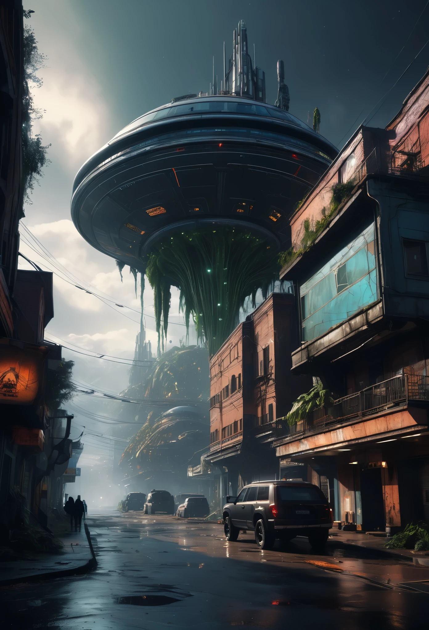 (best quality,4k,highres,masterpiece:1.2),ultra-detailed,(realistic,photorealistic:1.37),scene:landing a starship on a huge scary alien town,sci-fi,dark and eerie atmosphere,ominous and towering buildings,gigantic otherworldly structures,extraterrestrial architecture,foreboding and mysterious shadows,futuristic lighting,alien technology,menacing creatures,luminous neon signs,uncanny and surreal environment,interstellar voyage,fear-inducing strange plants and trees,hauntingly beautiful sky with alien constellations,menacing yet captivating cityscape,gravity-defying structures,laser beams piercing through the night,ominous clouds of smoke and mist,imposing spaceship descending with controlled precision,thrilling anticipation and adrenaline rush,unearthly sounds and echoes reverberating,anxiety-inducing sense of unknown,dystopian and post-apocalyptic elements,huge crowd of terrified onlookers and curious locals,astonishingly detailed cityscape with intricate windows and textures,otherworldly flora growing through cracks,overwhelming sense of grandeur and scale,imposing and powerful presence of the starship,air crackling with energy and anticipation,masterful use of color and contrast to enhance the eerie atmosphere,awe-inspiring sense of discovery and exploration,inspired by concept artists and science fiction novels,immersive and captivating narrative,immense attention to detail and realism.