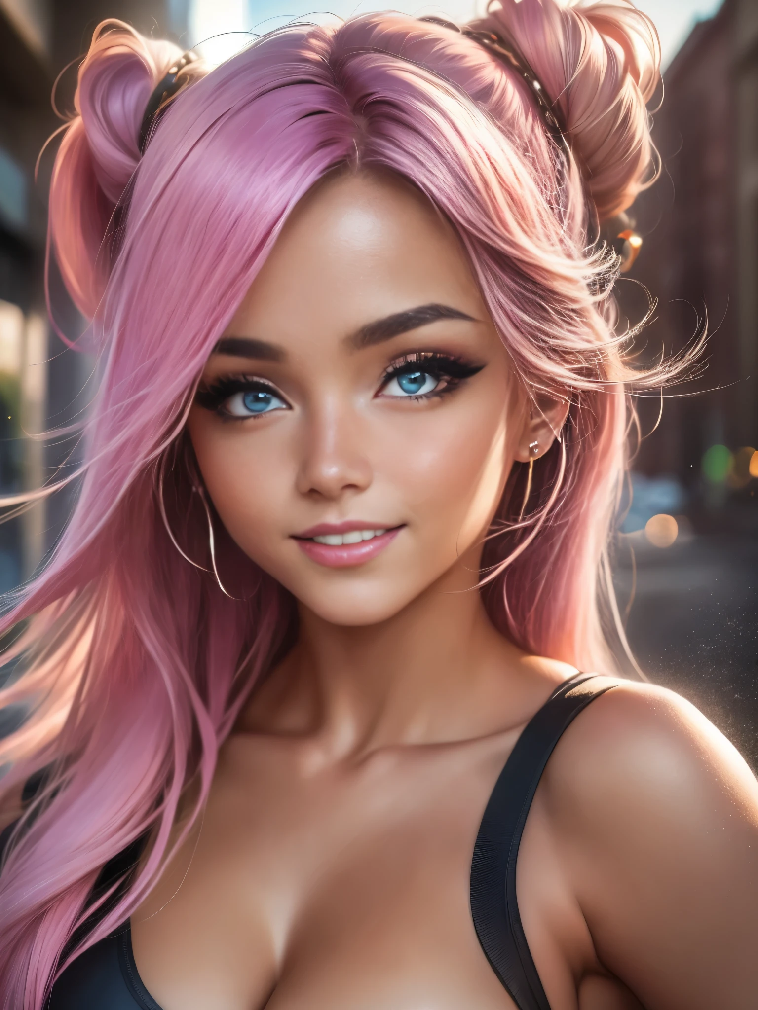 1girl, solo, looking at viewer, smile, makeup, sun, mid day, (realistic:1.2), (realism), (masterpiece:1.2), (best quality), (ultra detailed), (8k, 4k, intricate),(selfie:1), (32mm),light particles, lighting, (highly detailed:1.2),(detailed face:1.2), (gradients), sfw, colorful,(detailed eyes:1.2)(detailed background),detailed, (dynamic angle:1.2), (dynamic pose:1.2), (rule of third_composition:1.3), (Line of action:1.2). Low cut tanktop, pink hair, smile, beautiful face, cute, anime, perfect eyes