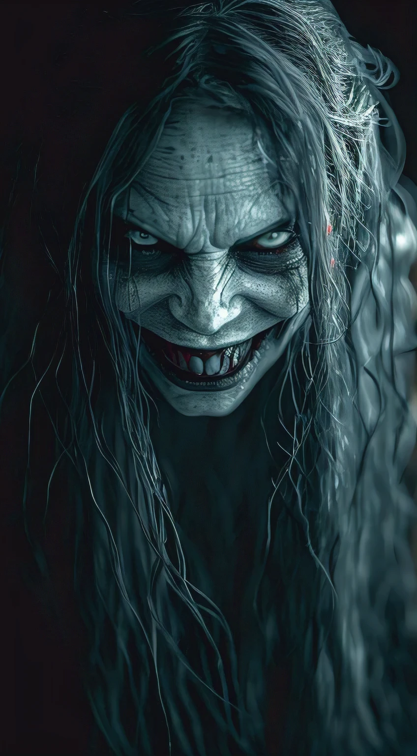 (best quality, masterpiece:1.2), On a black background, a very scary and grotesque-looking woman has a ghostly face with long flowing hair, smiling evilly and scaring people. ,ultra-realistic, cinematic, high detail