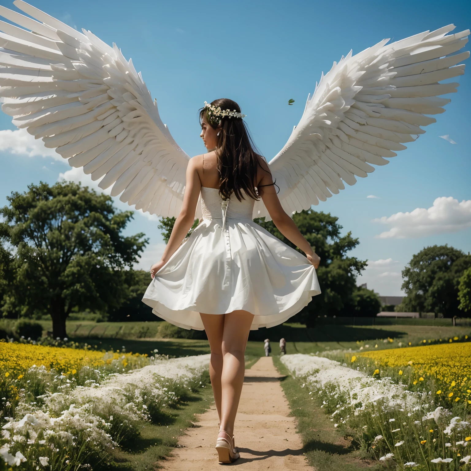The girl in a white wedding dress is standing in a flower field, She has 2 wings like an angel 