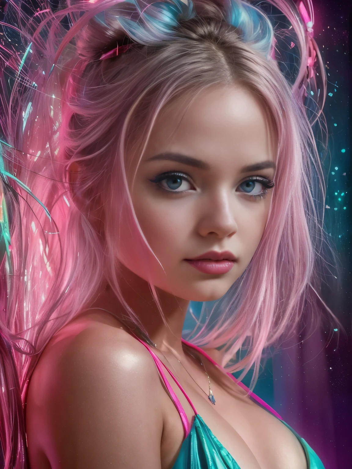 a close up of a woman SLIGHTLY BITING HER LIP with pink hair and a blue dress, dreamy cyberpunk girl, beautiful digital artwork, glowing pink face, colorfull digital fantasy art, ross tran 8 k, pink girl, pink wispy hair, vibrant fantasy style, rossdraws pastel vibrant, magenta lighting. fantasy, gorgeous digital art, beeple and jeremiah ketner