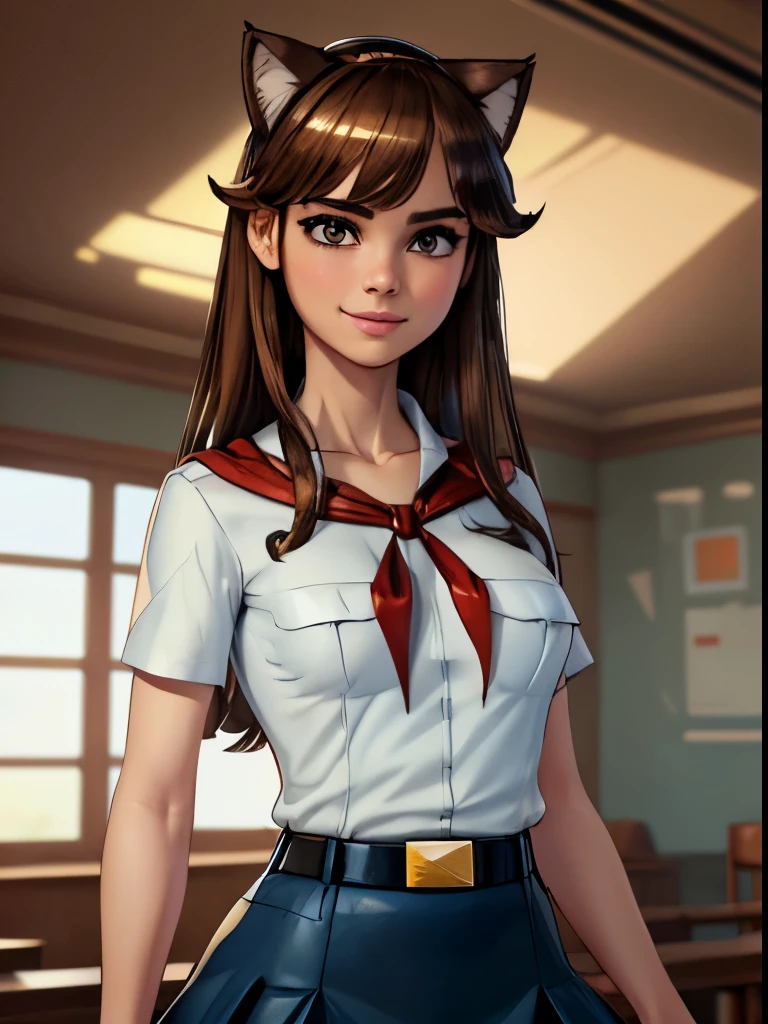 detailed eyes, full height, masterpiece, (((skinny body))), (looking at viewer, 8k vector photography, very young girl, beautiful brown eyes, realistic lighting, detailed outfit, realistic facial features, hyper detail, ((perfect angle, perfect pose)), ((very long brown disheveled hair)), a strand between eyes, huge chest, pioneer neckerchief, pioneer movement soviet pioneer, micro blue skirt, bangs, shirt, school uniform, collarbone, very tought white shirt, short sleeves, collared shirt, belt, neckerchief, eyelashes, red neckerchief, pocket, breast pocket, parororo, smiling, band on head with fake cat ears
