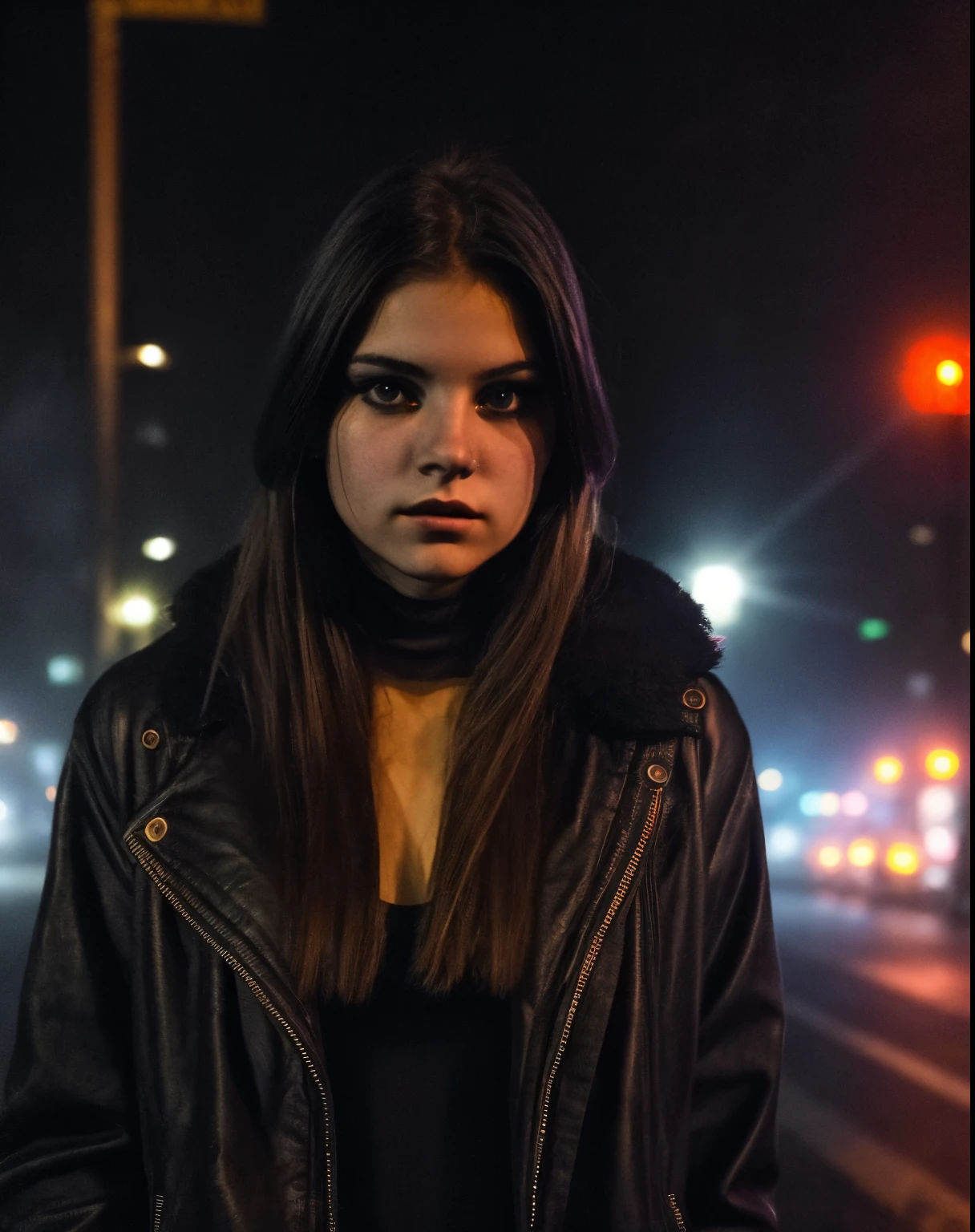City street, neon, fog, Volume, close-up portrait photo of a young woman in dark clothes, full face, face looking at camera