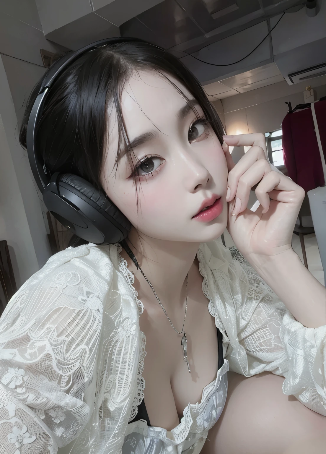 there is a woman con auriculares on sitting down and listening to music, ulzzang, muchacha coreana, guweiz, sakimichan, lindocore, con auriculares, hermosa mujer surcoreana, labios claros y de alta calidad, chica joven y linda, con auriculares, con cara linda - fina, pale milky white porcelain skin, chen xintong