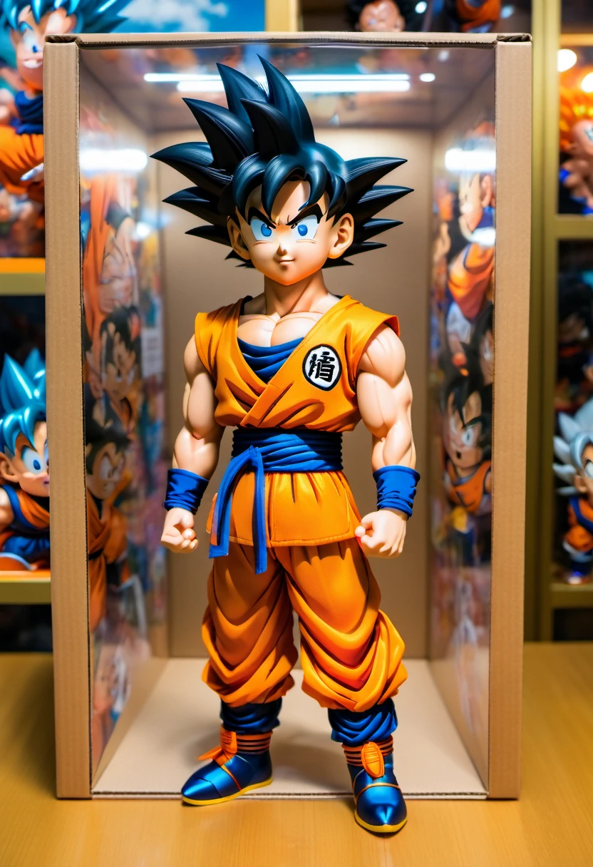 (best quality,4k,8k,highres,masterpiece:1.2),ultra-detailed, goku doll inside a box, product for sale, dragon ball, in the window of a toy store,