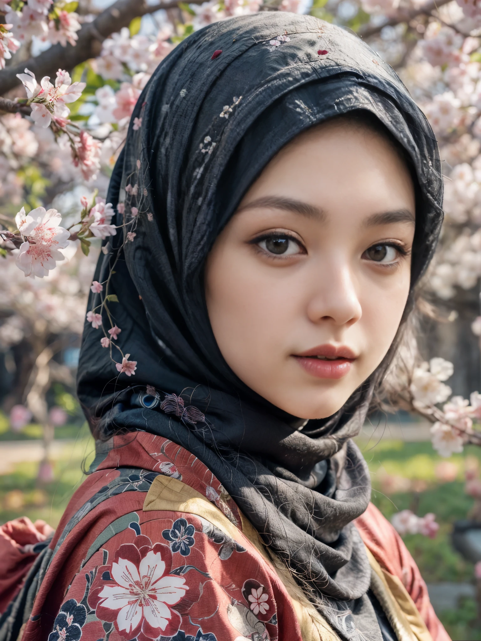 Japanese girl in (hijab:1.2),detailed beautiful eyes,detailed lips,traditional attire,serene expression,(cherry blossom:1.1) background,soft lighting,(traditional Japanese art:1.2)(ukiyo-e:1.1) style,delicate brushwork,vibrant colors,subtle color palette,high-quality,ultra-detailed,realistic,photorealistic(photorealistic:1.37) rendering.