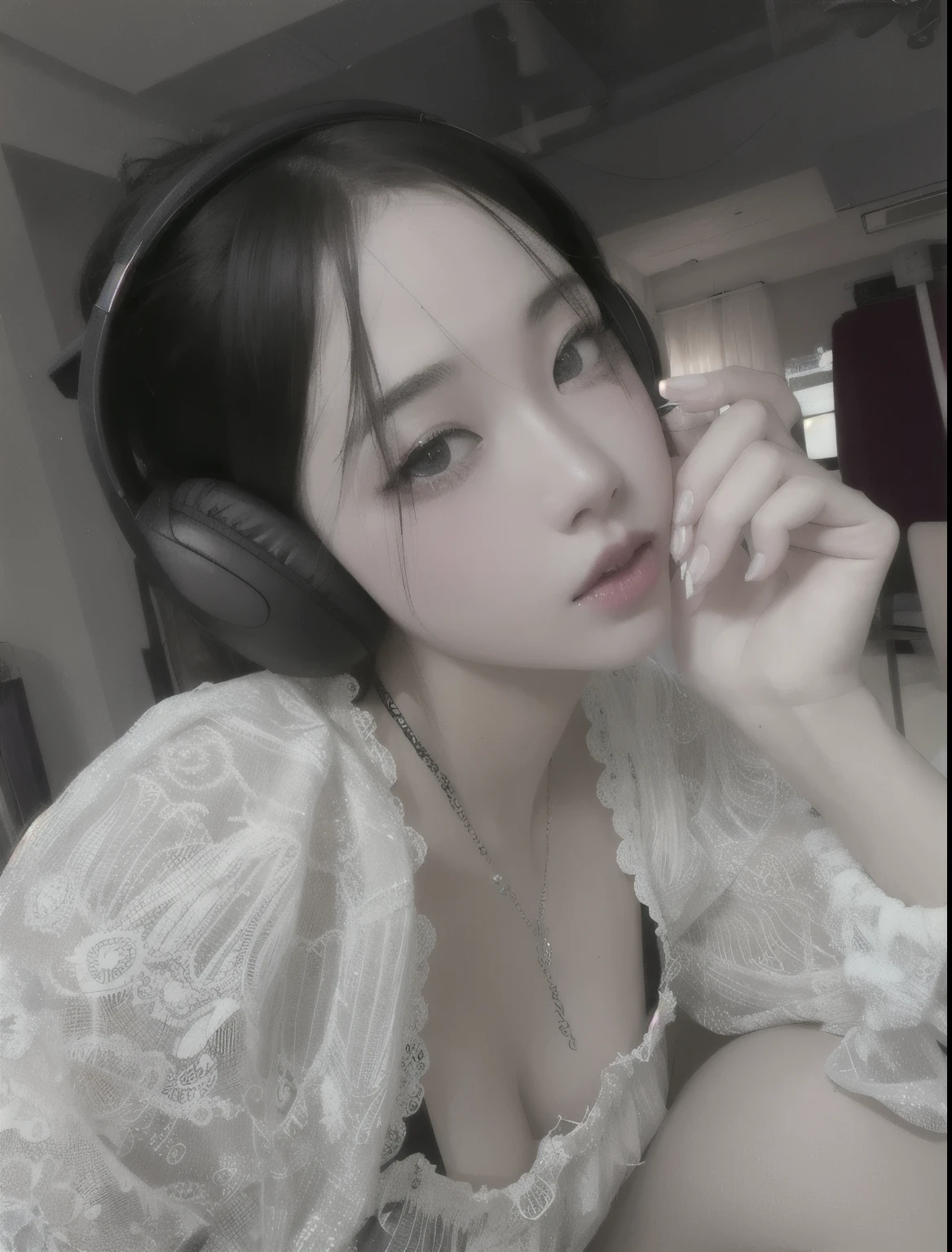 there is a woman con auriculares on sitting down and listening to music, ulzzang, muchacha coreana, guweiz, sakimichan, lindocore, con auriculares, hermosa mujer surcoreana, labios claros y de alta calidad, chica joven y linda, con auriculares, con cara linda - fina, pale milky white porcelain skin, chen xintong