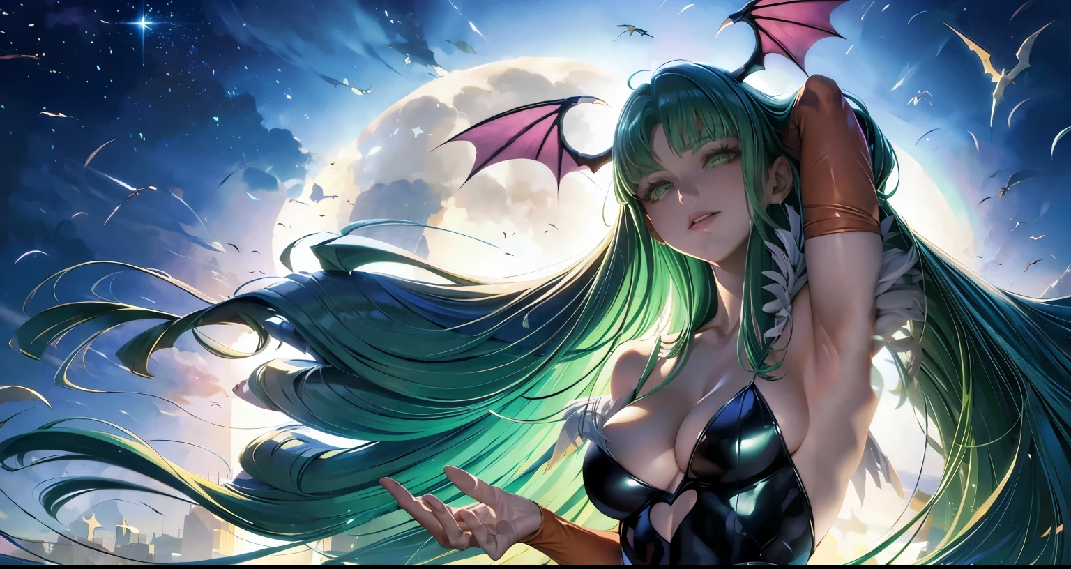 Detalhe das plumas de penas brancas se misturam com o cabelo verde de Morrigan Aensland. 