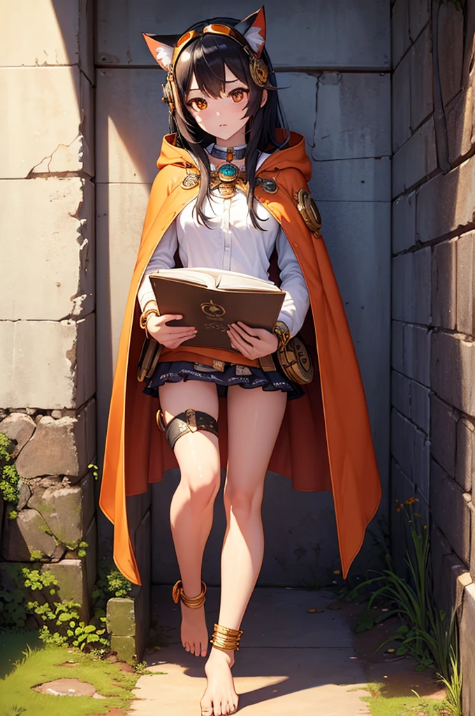 

((masterpiece)), (((bestquality))), ((ultra-detailed)), Anime girl cat-ears, looking at another, , full body，detailed face, beautiful detailed eyes，Primitive tribal elements，(high detailed skin:1.2), anklet, barefoot, toes, unworn shoes, 18 years old, steampunk, white shirt, goggles around neck, reading, running through ancient ruins, Orange cape, broke robot on the ground
