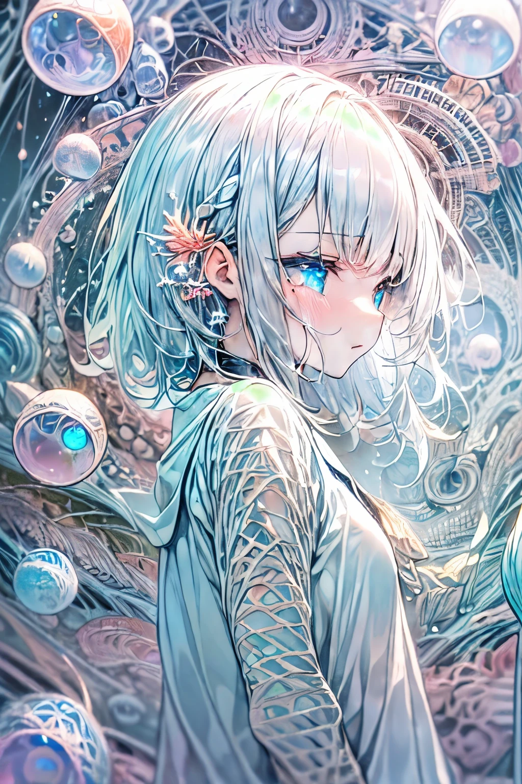 ((Masterpiece)), (Anime:1.3), ((best quality)), (abstract art:1.5), (High Definition), (pale color), wide shot, (fractal structure:1.5), (simple silver background:1.6), landscape, (Beautiful), (Biological atmosphere), deep sea, (cute girl), (hollow eyes), (profile), beautiful white hair, (Crying), ((eyes trickle down)),