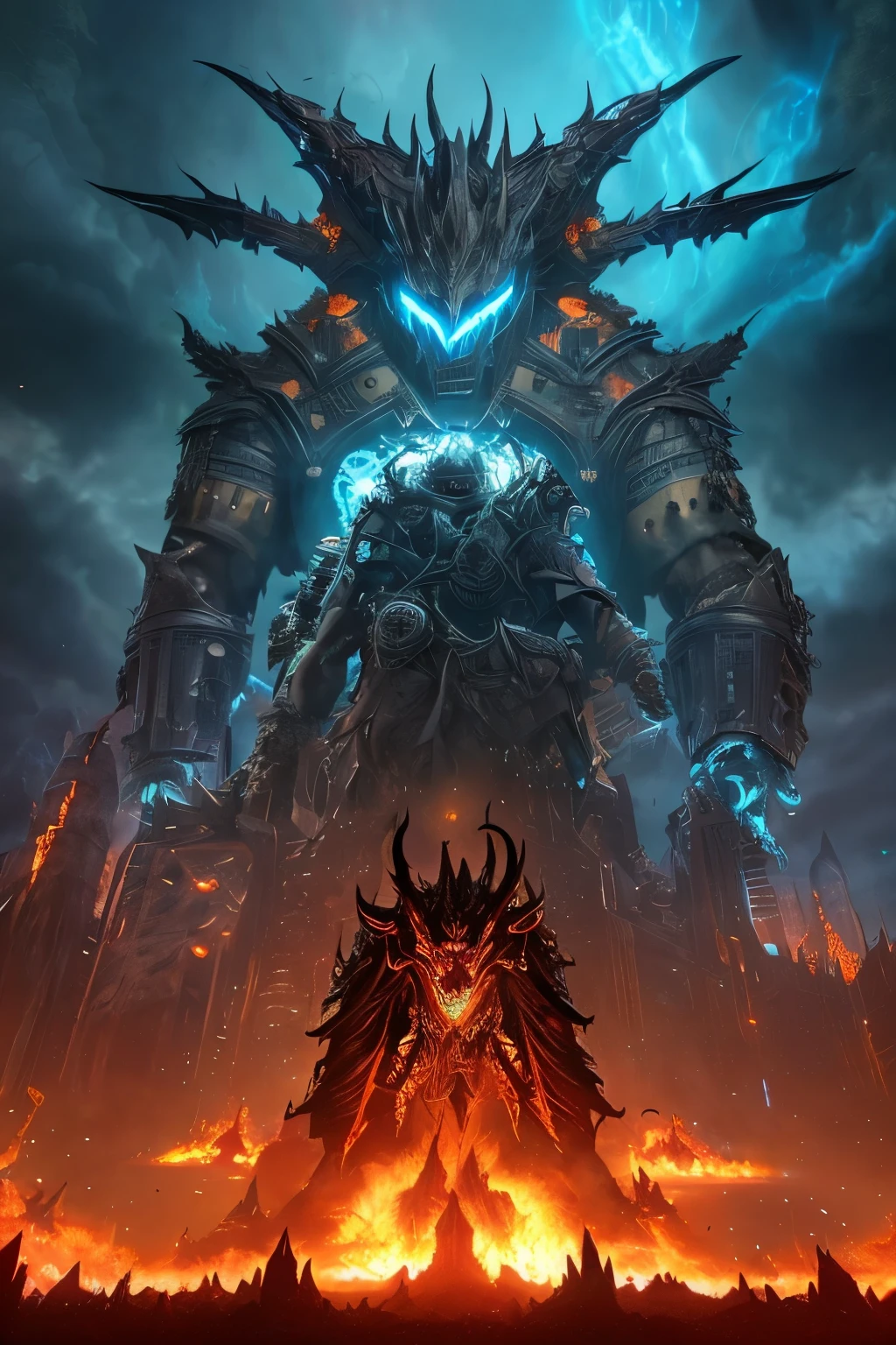 A colossal monstrosity looms in the foreground, its menacing form clad in armor embellished with intricate alchemical symbols and ominous runes. The monstrosity's visage is partially concealed by an ominous mask, revealing piercing, glowing eyes that emit an eerie, otherworldly light. Wild, uncontrollable blue flames erupt from its mane, adding to the fearsome spectacle of the beast. Atop its head, a helm-like headdress gleams in the dim light, a fusion of modern metals and ancient relics that radiates an aura of both terror and power. The monstros