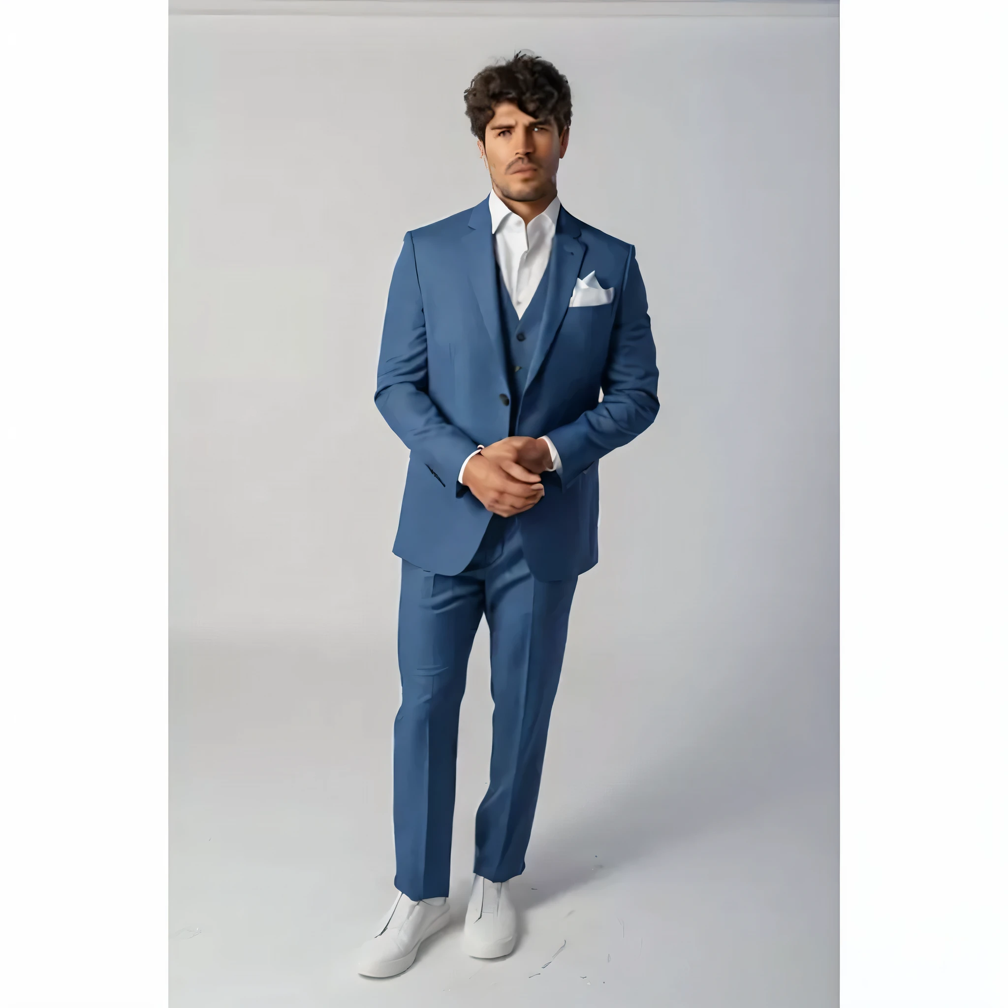 A man wearing a blue suit and white brand sneakers. In the suit there is a white scarf