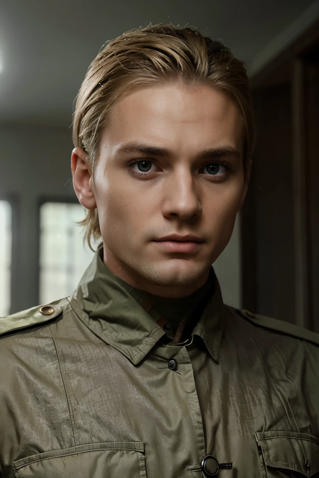 Frightened Man, 8K, 4K, Super realistic, fermer, visage --soi corps entier militaire,blond,cicatrise bouche,tenu militaire 
