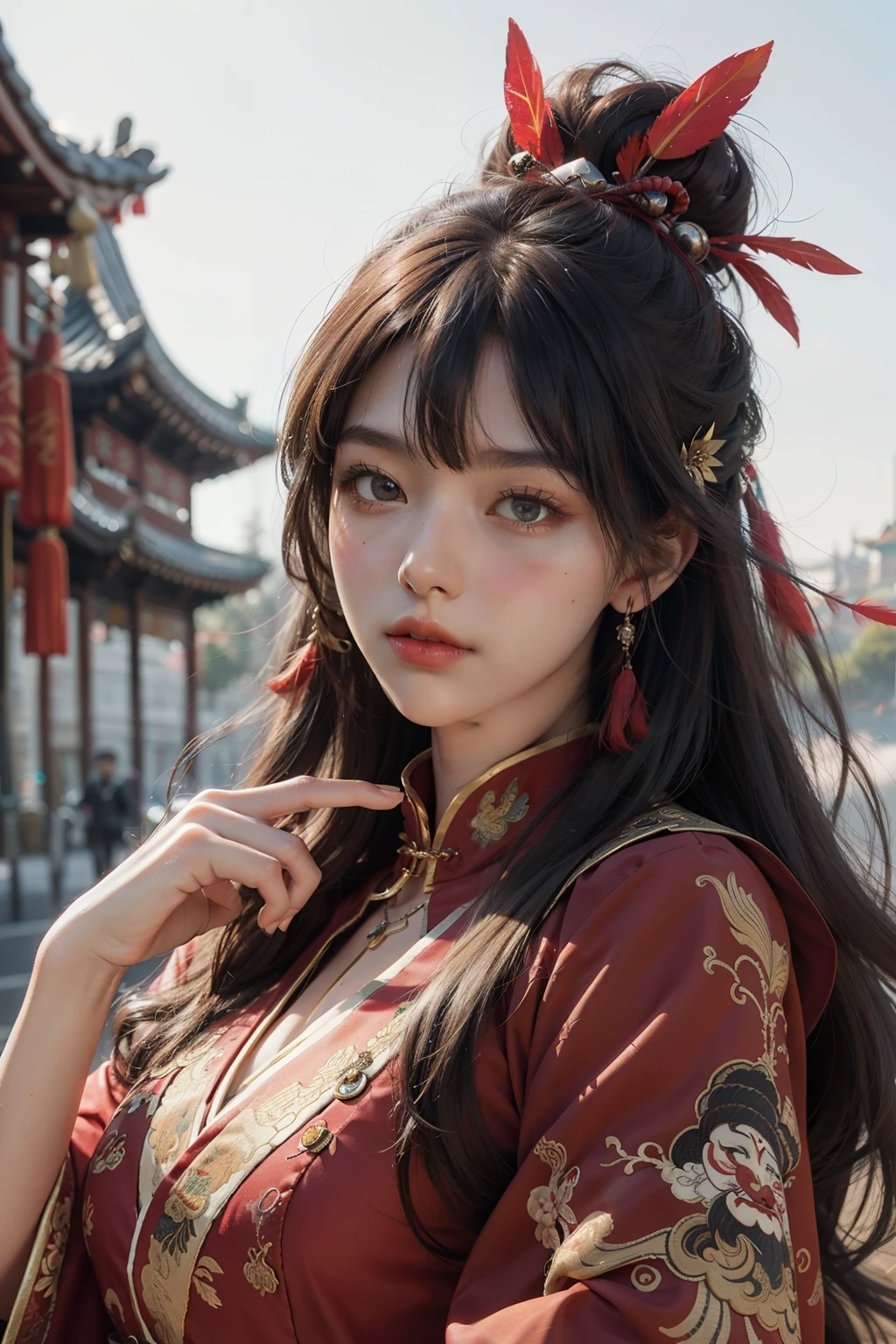1 Beautiful girl, 20 years old, wearing a red Chinese warrior outfit with a fantasy pattern. , best quality , is realistic In the picture there is a red feather falling,HD8k