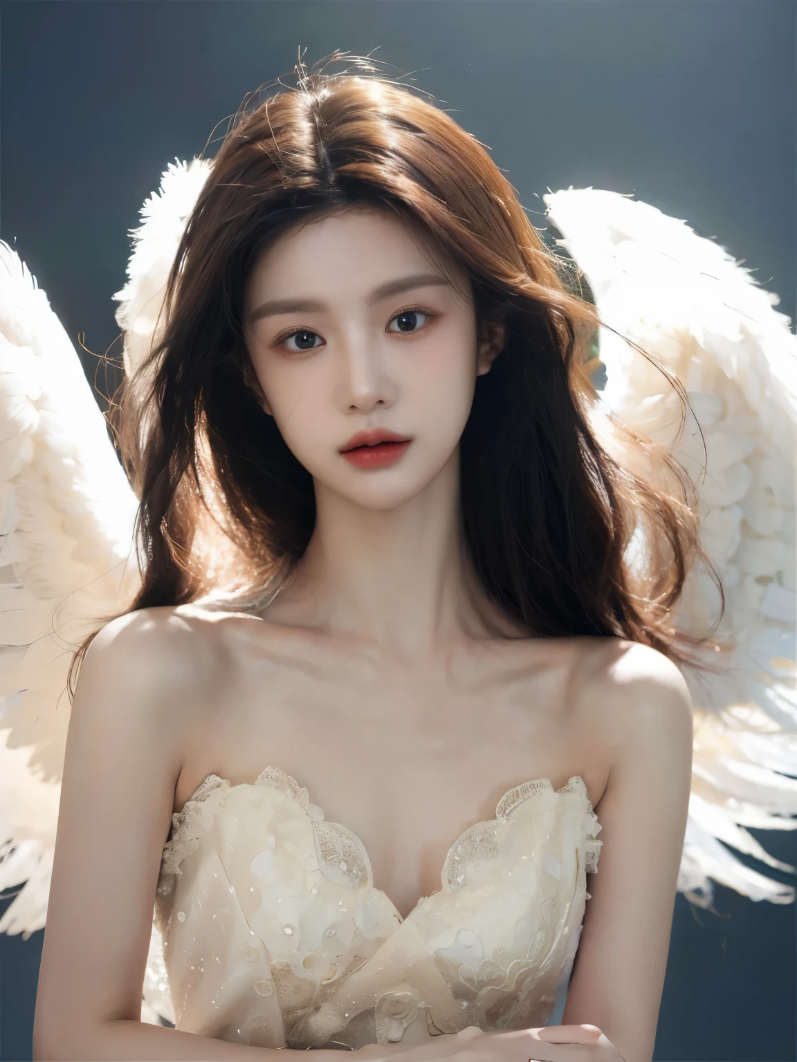 Half body portrait of a Korean woman dressed as an angel., Beautiful beyond description, Beautiful and spellbinding for every eye, have wings