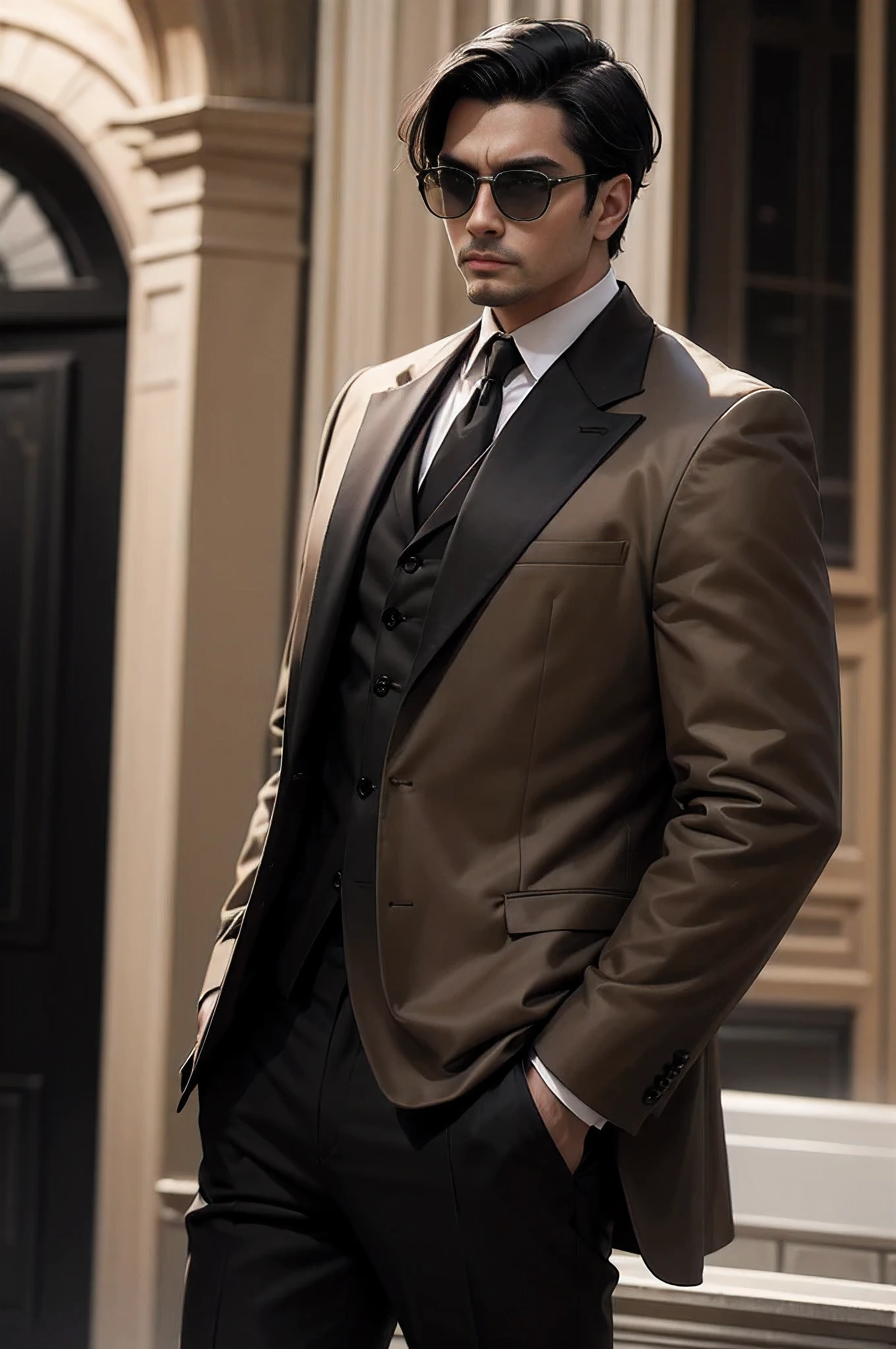 man with beige and black hair , wearing dark beige and black outfit , with black sun glasses , 8k, in rich people look