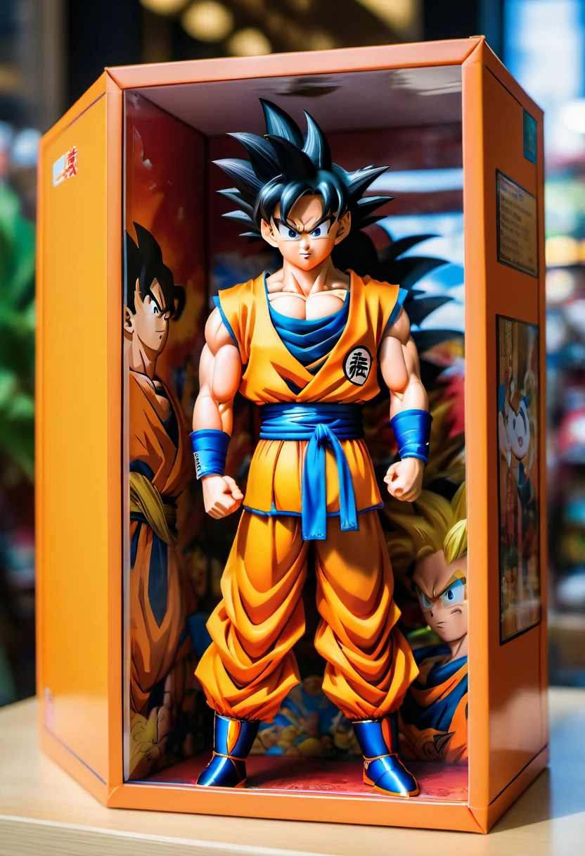 (best quality,4k,8k,highres,masterpiece:1.2),ultra-detailed, goku doll inside a box, product for sale, dragon ball, in the window of a toy store,