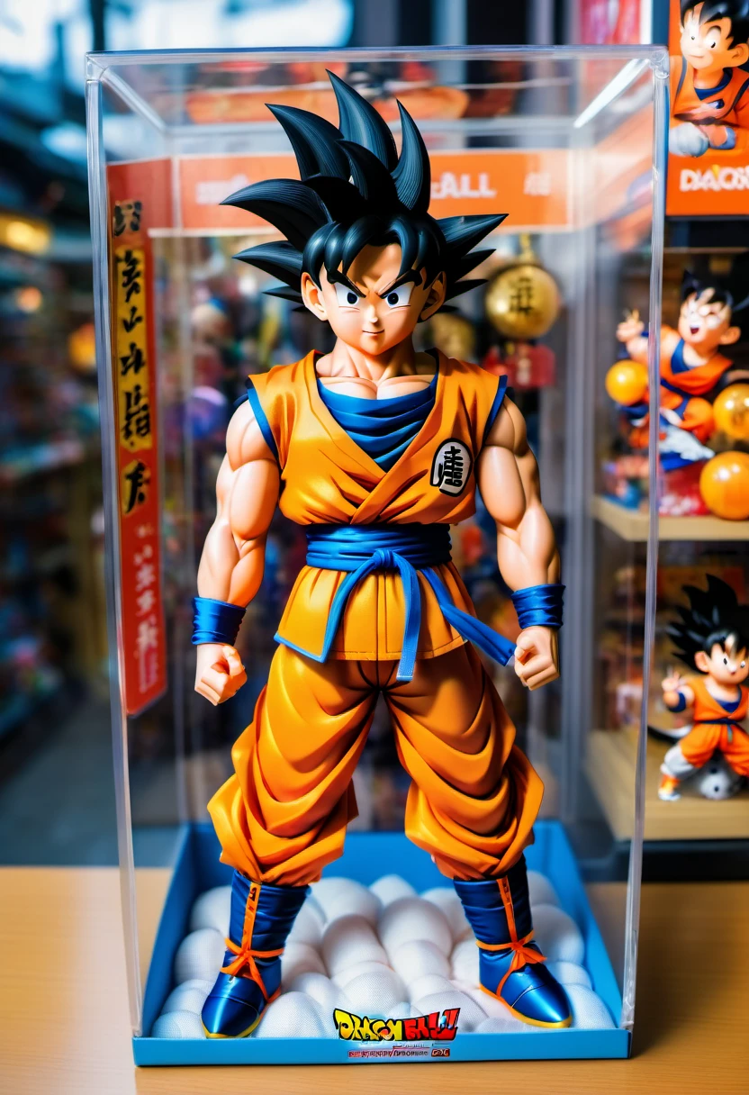 (best quality,4k,8k,highres,masterpiece:1.2),ultra-detailed, goku doll inside a box, product for sale, dragon ball, in the window of a toy store,