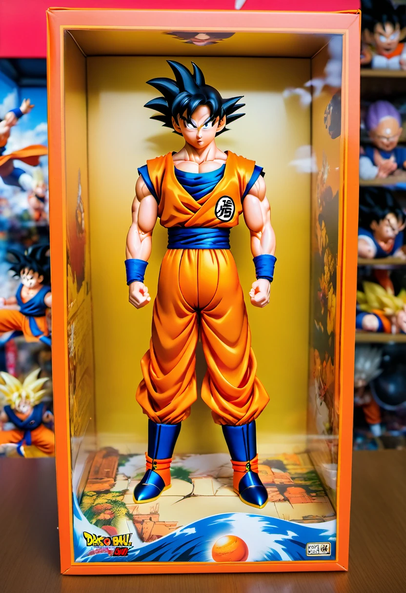 (best quality,4k,8k,highres,masterpiece:1.2),ultra-detailed, goku doll inside a box, product for sale, dragon ball, in the window of a toy store,