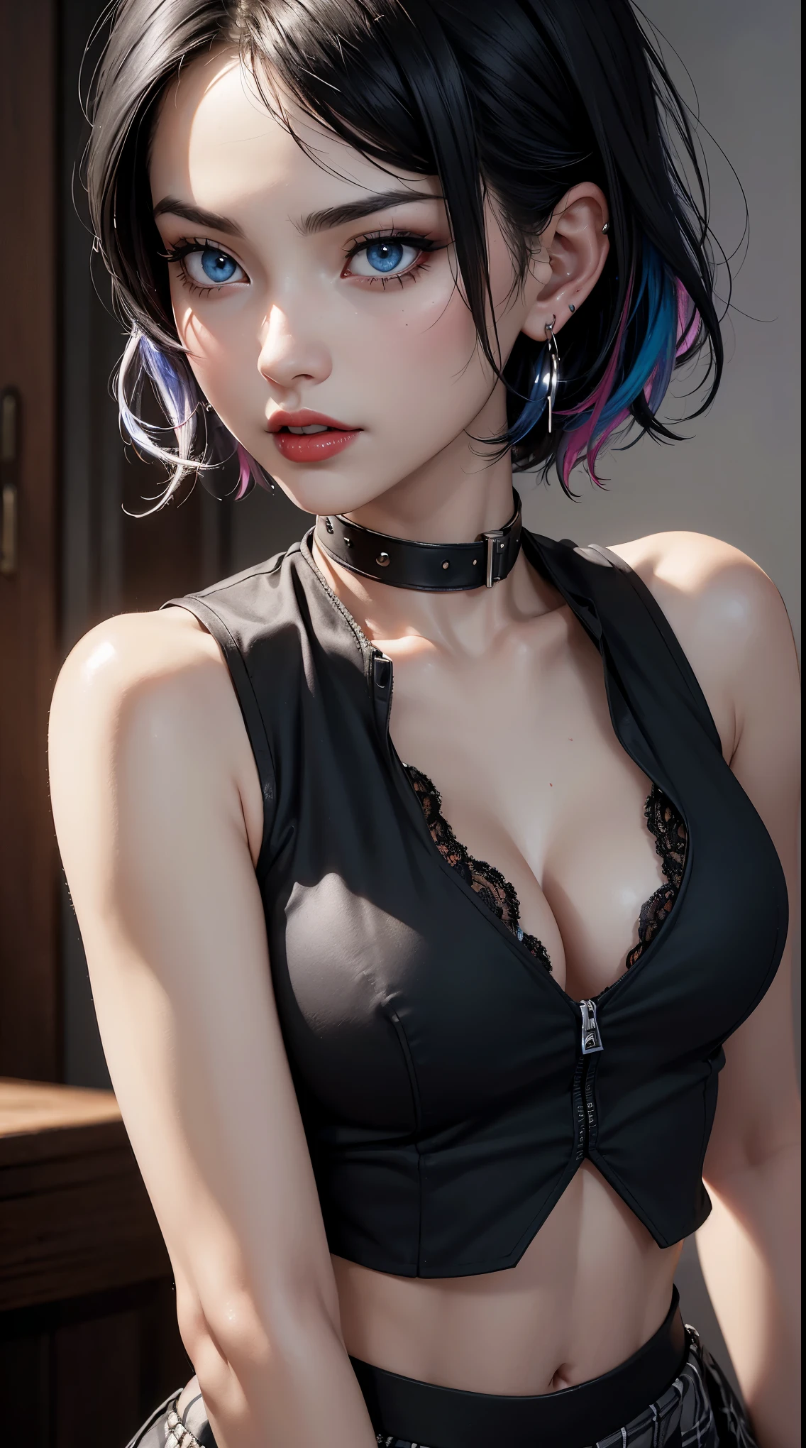 1 beautiful and sexy woman, pale white skin, bright blue eyes (vampire eyes), short hair, black and white hair, multicolored hair, perfect body, perfect abdomen, navel, black sleeveless shirt, cleavage, black plaid skirt and gray, makeup, eye shadow, eyeliner, red lips, earrings, bracelet, necklace, choker, hair band, sexy and provocative look and expression, (AM190_Brigitte:0.99), ((close-up portrait:1.3)), model shoot style, (extremely detailed CG unity 8k wallpaper), photo of the most beautiful work of art in the world, majestic professional, Atey Ghailan, Studio Ghibli, by Jeremy Mann, Greg Manchess, Antonio Moro, intricate, great detail, sharp focus, dramatic, photorealistic painting by midjourney and greg rutkowski, (looking at cameras), (((closeup of upper body))).