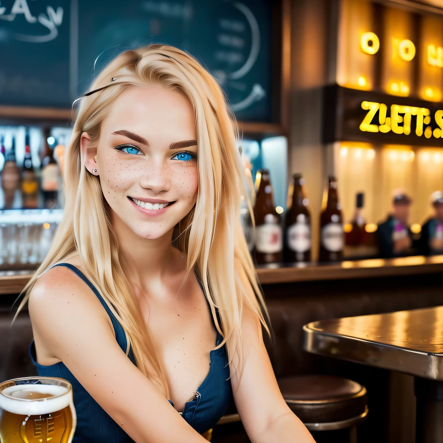 drinking beer at a classy bar, busy environment, neon lights, zoomed out showing full body, ((best quality)), ((masterpiece)), (detailed), perfect face blond woman with freckled hair and blue eyes smiling, light freckles, more freckles