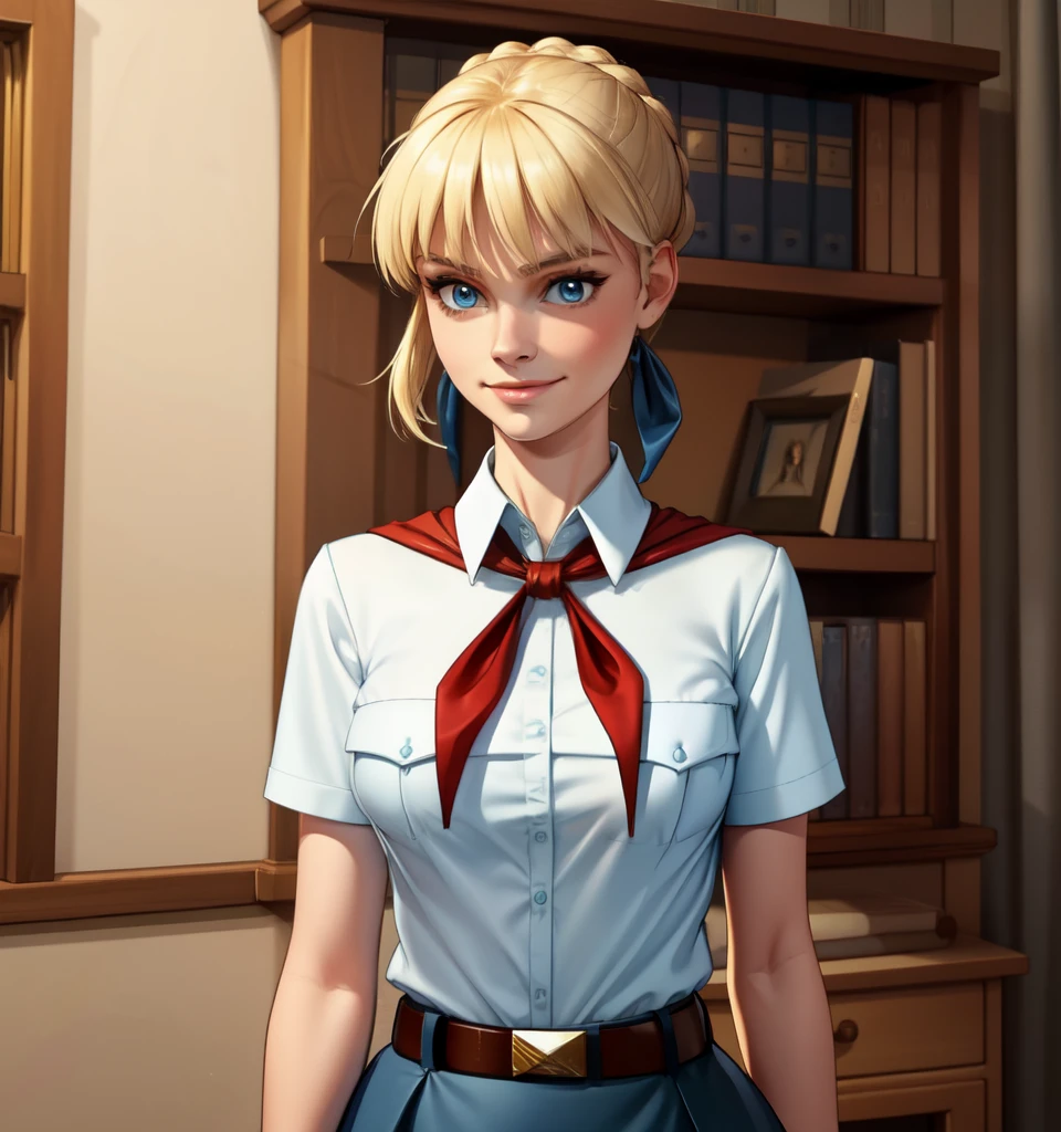 very young slim fit girl, full height, rounded face, big blue eyes, shy smile, perfect flat breast, pioneer neckerchief, micro tight blue pleated skirt, bangs, tight white shirt, short sleeves, collared shirt, belt, red neckerchief, breast pocket, braid, hair ribbon, blue ribbon, short blonde hair, hair bun, saber