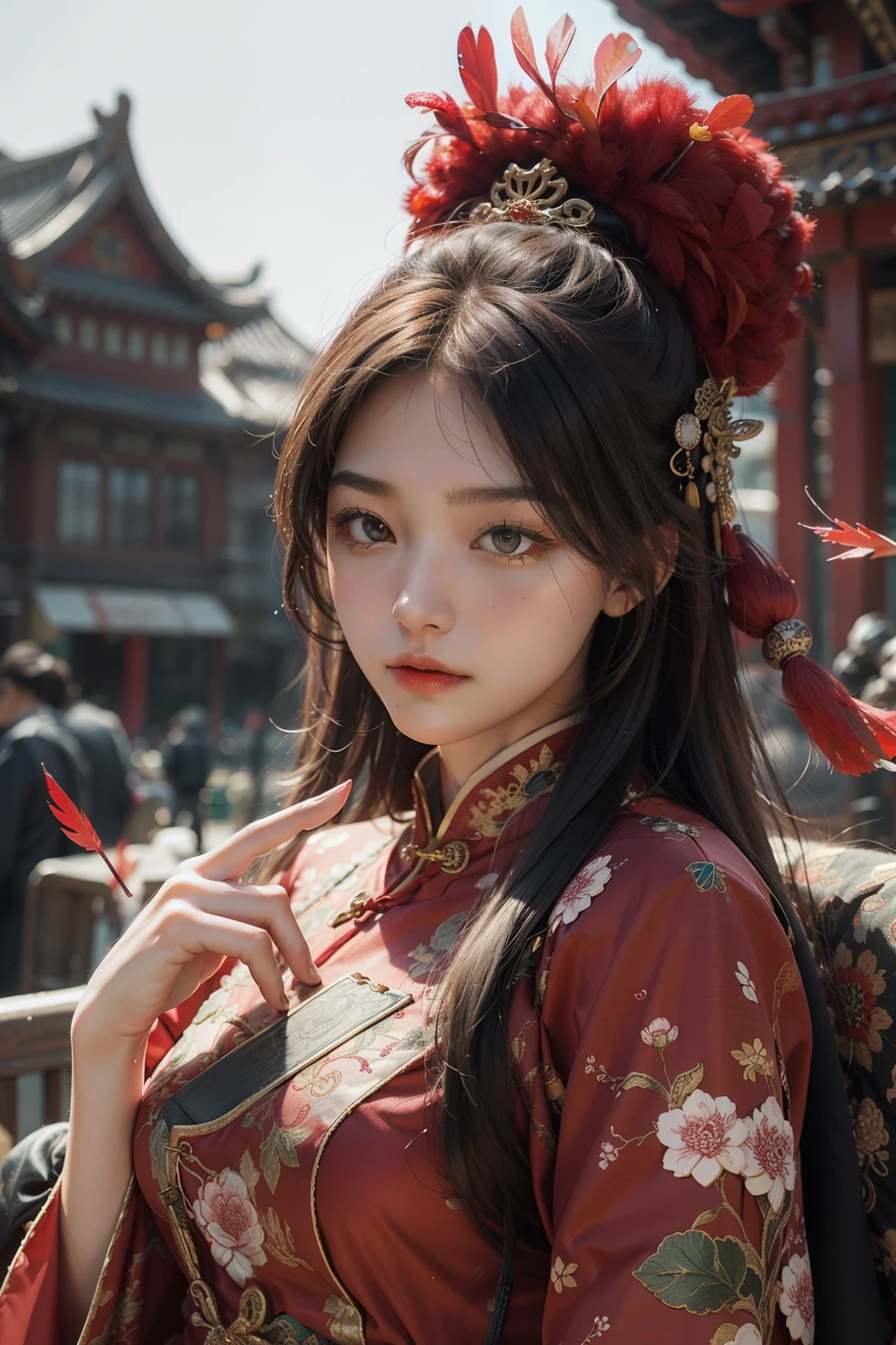 1 Beautiful girl, 20 years old, wearing a red Chinese warrior outfit with a fantasy pattern. , best quality , is realistic In the picture there is a red feather falling,HD8k